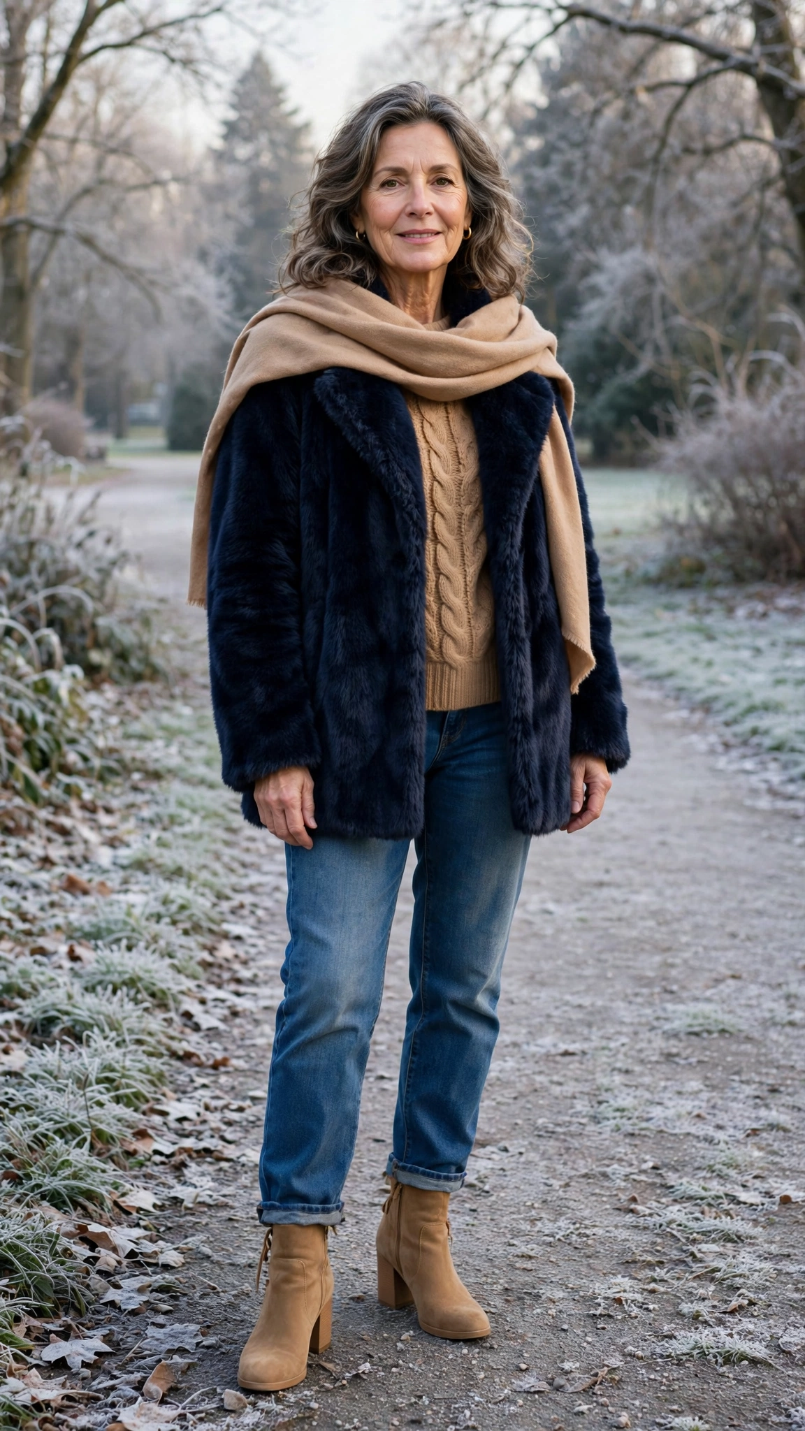 30 Women over 50 faux fur coat outfits with jeans for winter weekends That Are Chic, Warm and Elegant - idea 27