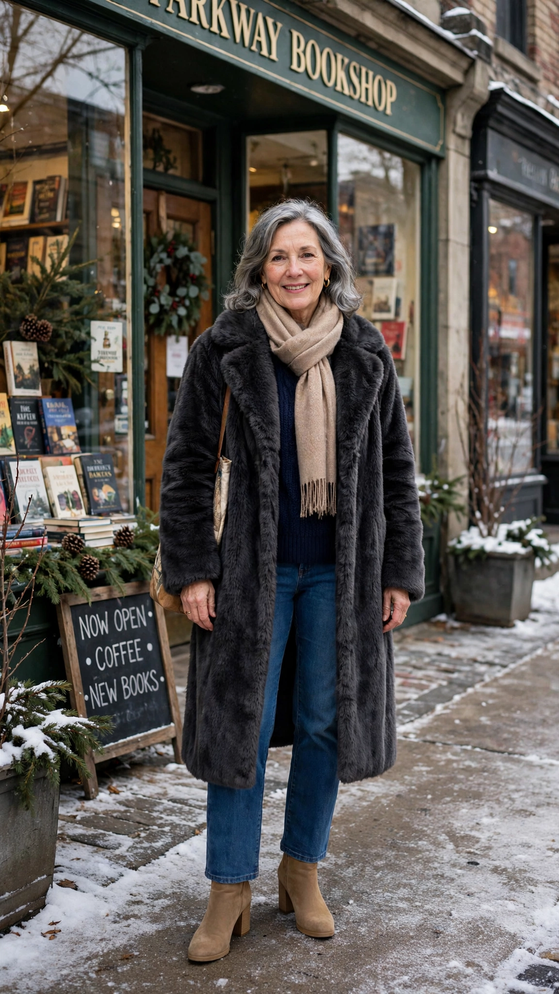 30 Women over 50 faux fur coat outfits with jeans for winter weekends That Are Chic, Warm and Elegant - idea 30
