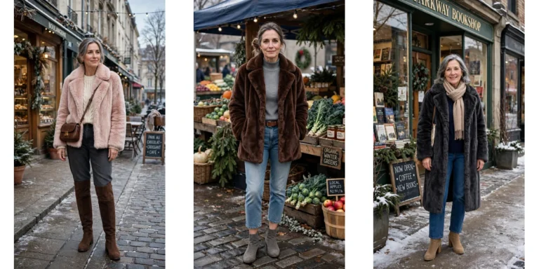 30 Women over 50 faux fur coat outfits with jeans for winter weekends That Are Chic, Warm and Elegant featured