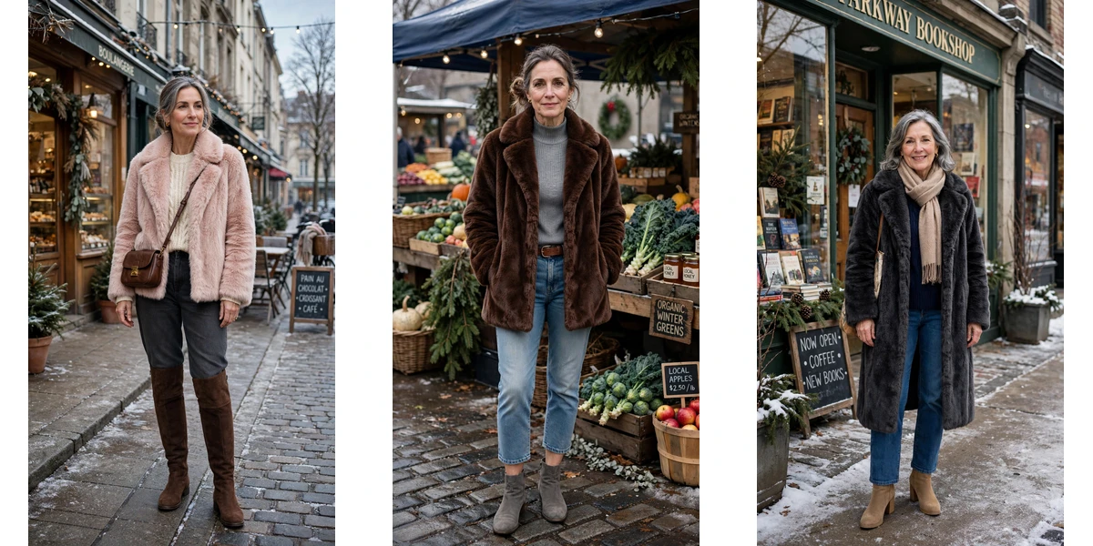 30 Women over 50 faux fur coat outfits with jeans for winter weekends That Are Chic, Warm and Elegant featured