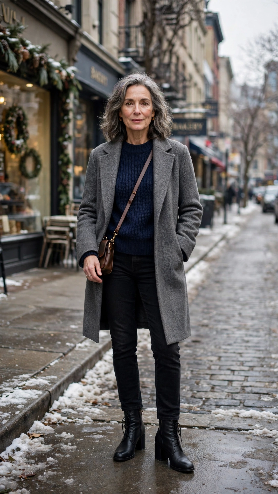 20 Women over 50 knit sweater and coat layering outfits for winter That Are Chic, Warm and Elegant 2 Navy knit sweater with a grey coat, black jeans and block-heel ankle boots