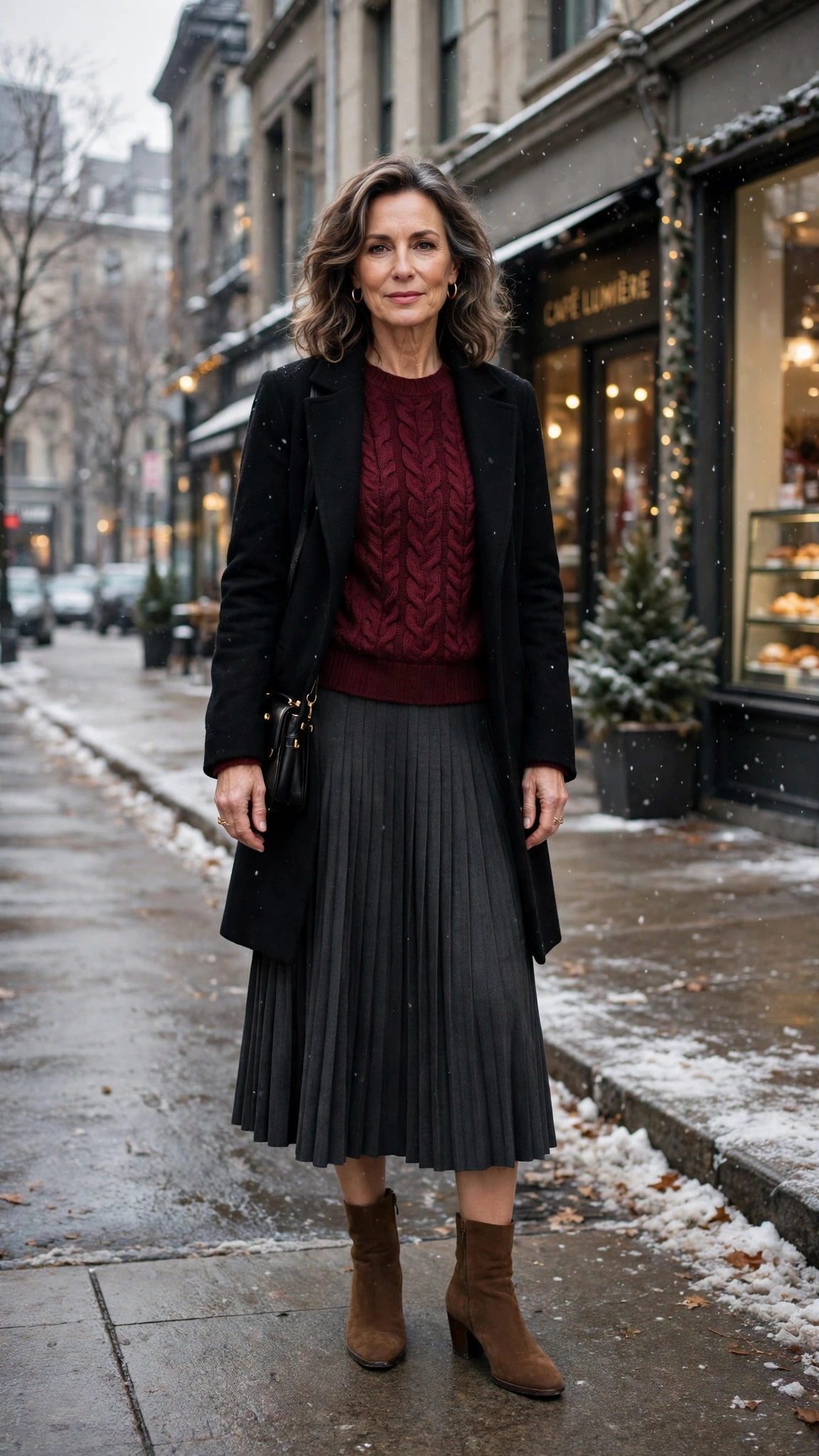 20 Women over 50 knit sweater and coat layering outfits for winter That Are Chic, Warm and Elegant 3 Wine knit sweater with a black coat, dark midi skirt and suede ankle boots