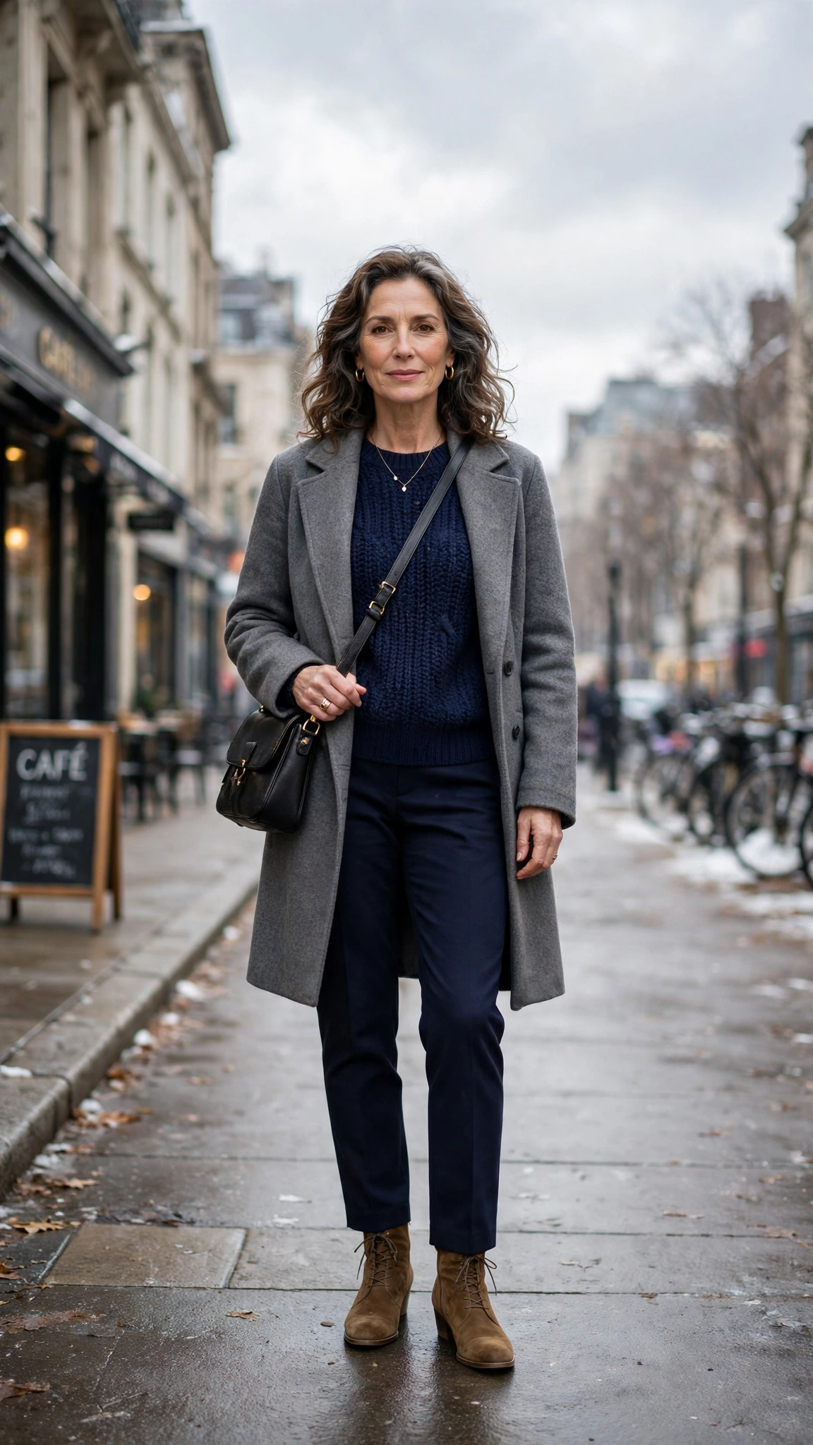 20 Women over 50 knit sweater and coat layering outfits for winter That Are Chic, Warm and Elegant 4 Navy knit sweater with a grey coat, navy trousers and suede ankle boots