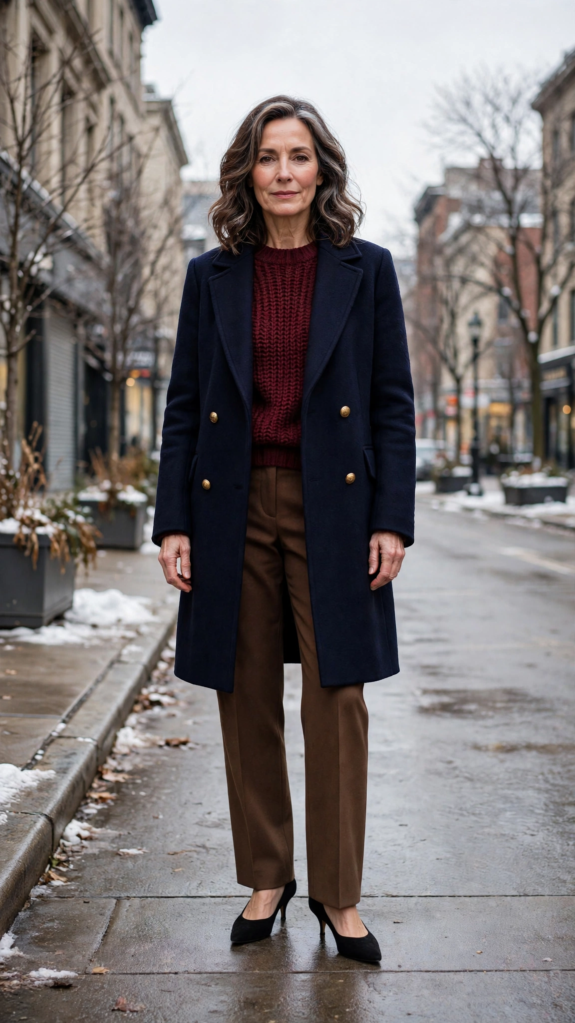 20 Women over 50 knit sweater and coat layering outfits for winter That Are Chic, Warm and Elegant 5 Burgundy knit sweater with a navy coat, brown trousers and kitten heels