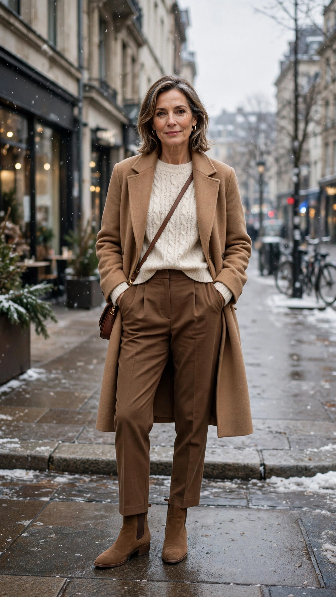 20 Women over 50 knit sweater and coat layering outfits for winter That Are Chic, Warm and Elegant 7 Cream knit sweater with a camel coat, brown trousers and suede ankle boots
