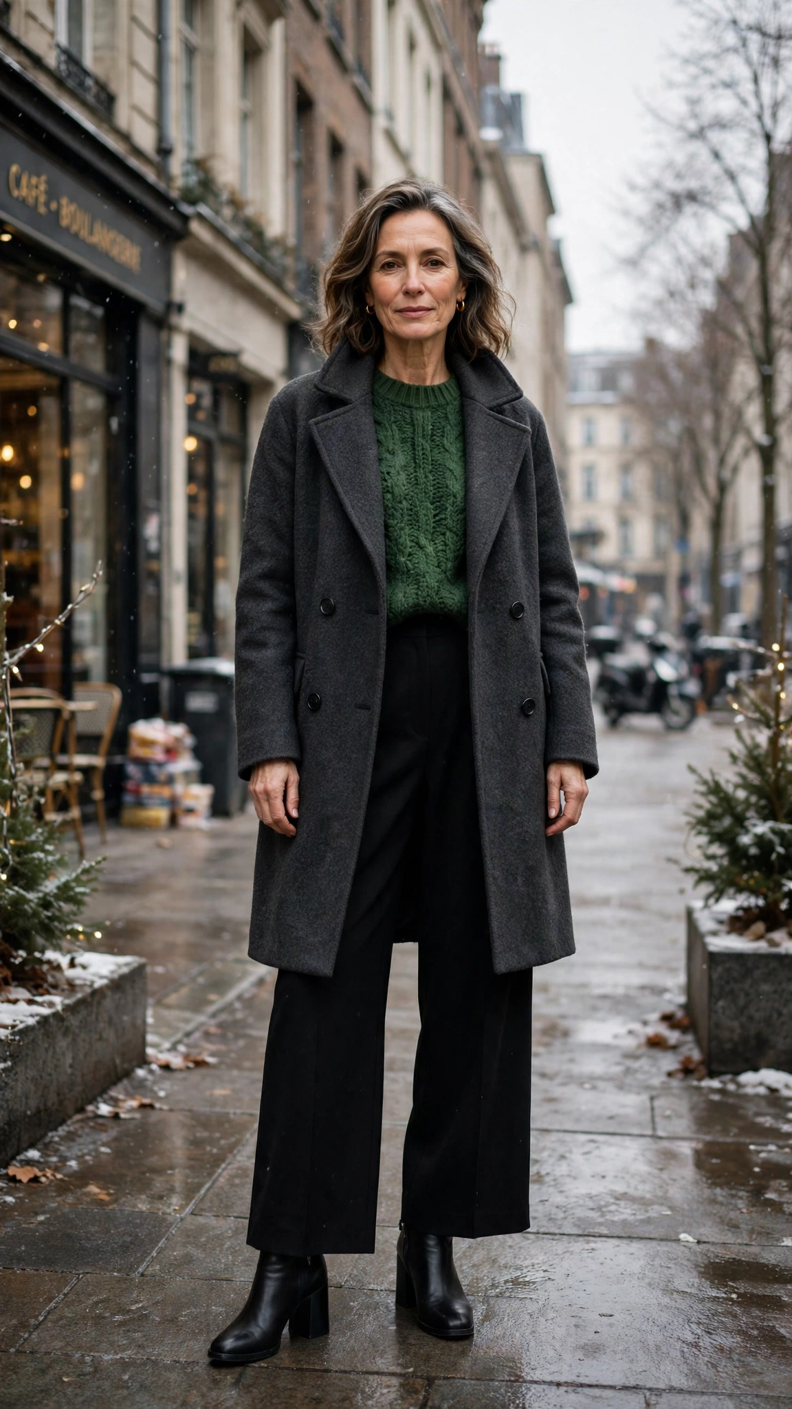 20 Women over 50 knit sweater and coat layering outfits for winter That Are Chic, Warm and Elegant 8 Forest green knit sweater with a charcoal coat, black wide-leg trousers and block-heel ankle boots