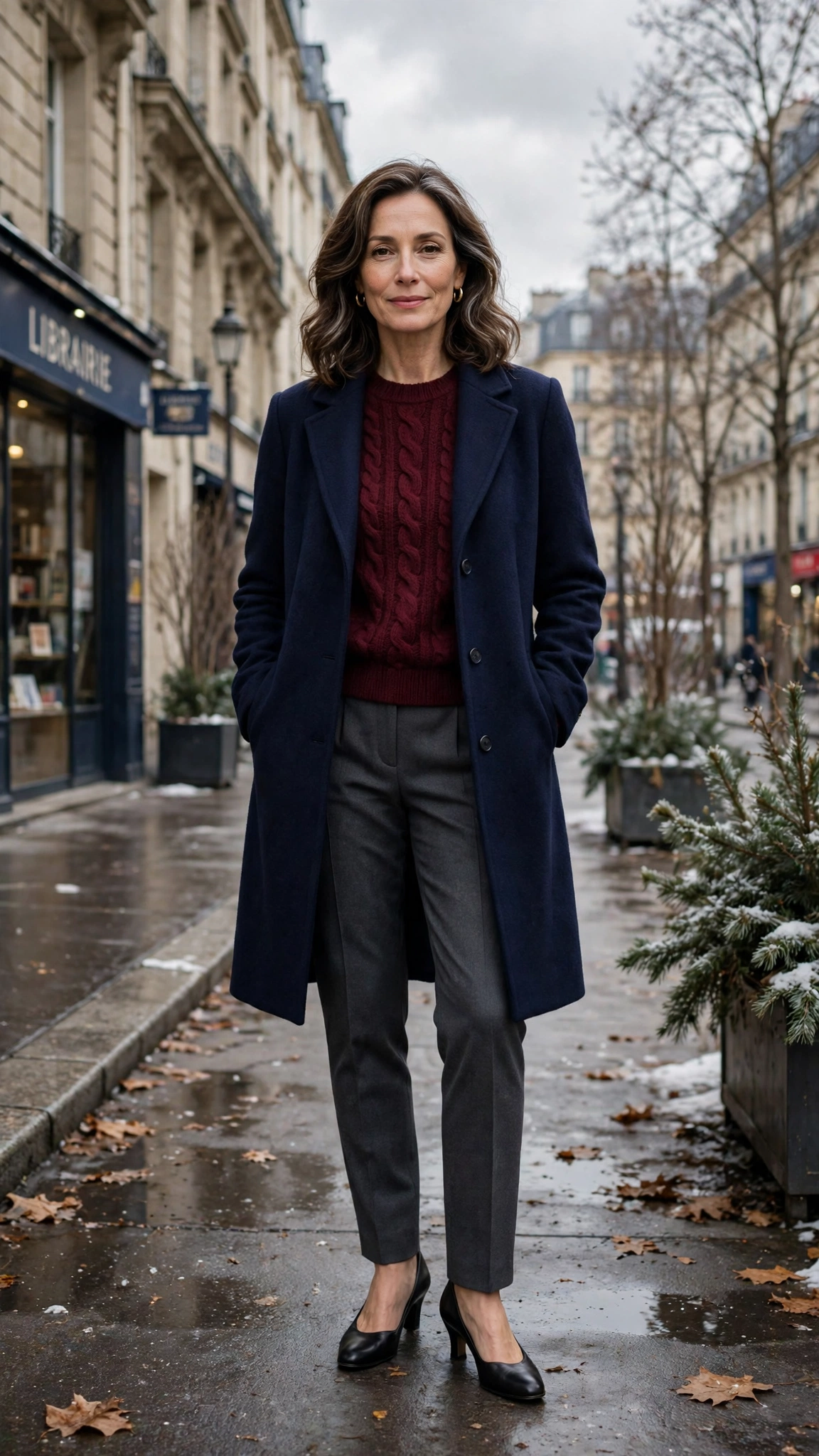 20 Women over 50 knit sweater and coat layering outfits for winter That Are Chic, Warm and Elegant 9 Burgundy knit sweater with a navy coat, charcoal trousers and low-heeled pumps