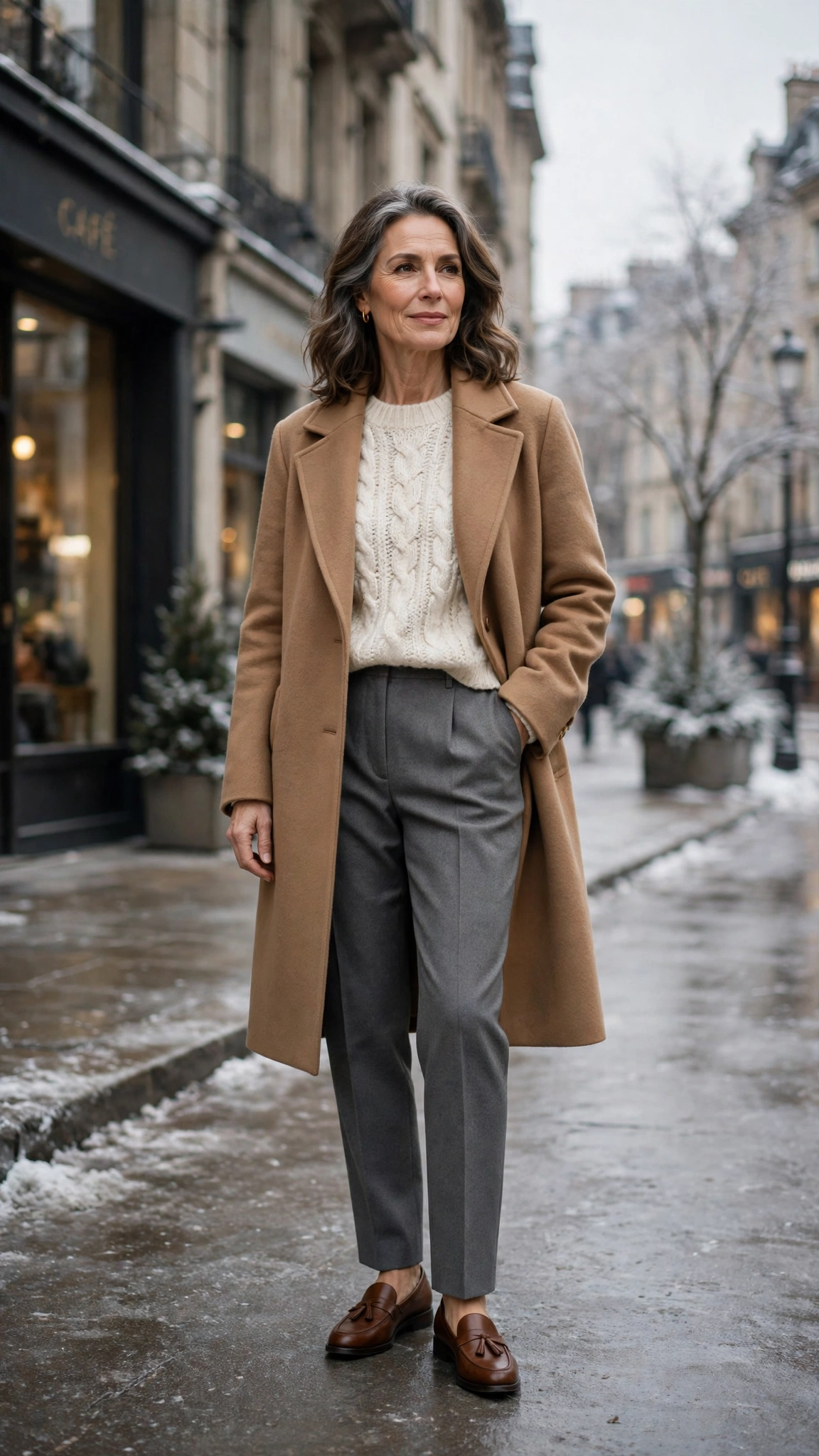 20 Women over 50 knit sweater and coat layering outfits for winter That Are Chic, Warm and Elegant 10 Cream knit sweater with a camel coat, grey tailored trousers and classic loafers