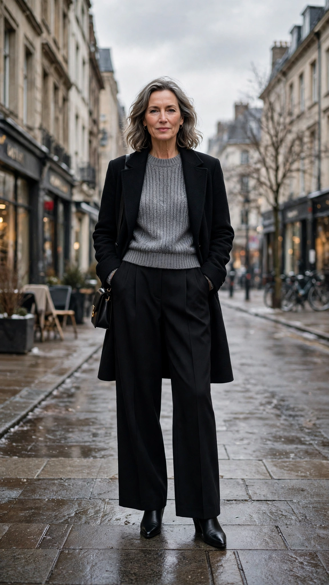 20 Women over 50 knit sweater and coat layering outfits for winter That Are Chic, Warm and Elegant 12 Grey knit sweater with a black coat, black wide-leg trousers and black pointed boots