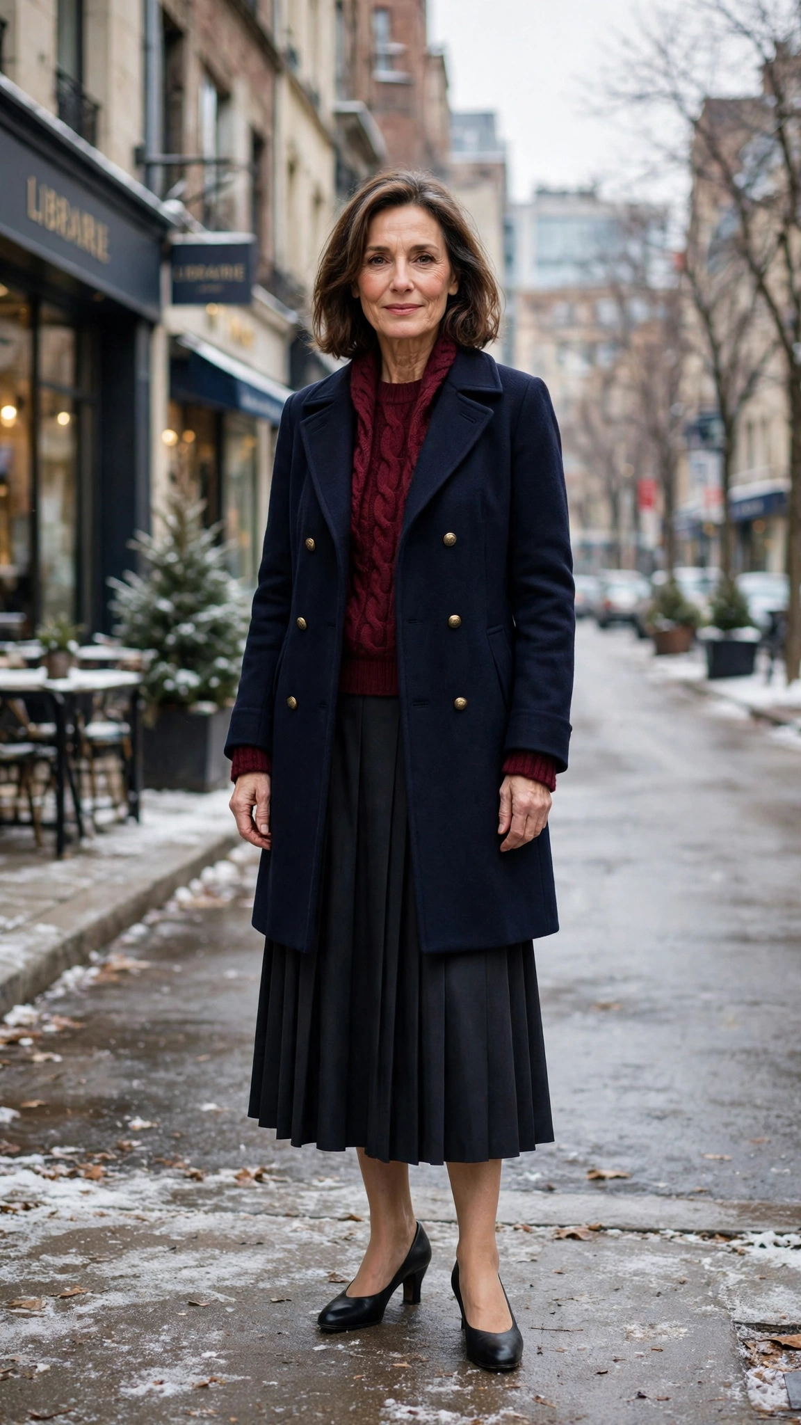 20 Women over 50 knit sweater and coat layering outfits for winter That Are Chic, Warm and Elegant 13 Burgundy knit sweater with a navy coat, dark midi skirt and low-heeled pumps