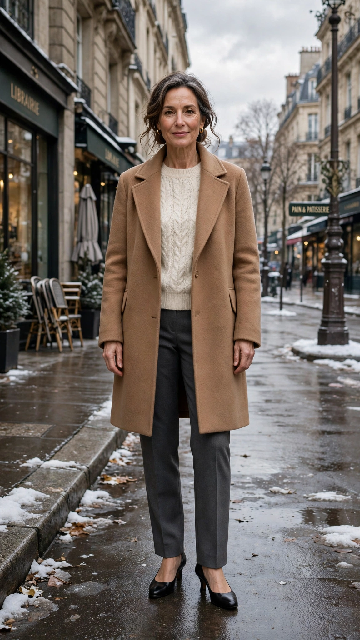 20 Women over 50 knit sweater and coat layering outfits for winter That Are Chic, Warm and Elegant 14 Cream knit sweater with a camel coat, charcoal trousers and low-heeled pumps