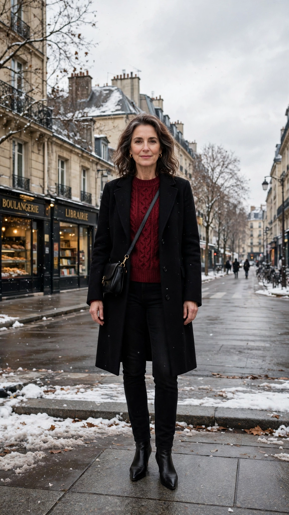 20 Women over 50 knit sweater and coat layering outfits for winter That Are Chic, Warm and Elegant 15 Wine knit sweater with a black coat, black jeans and black pointed boots