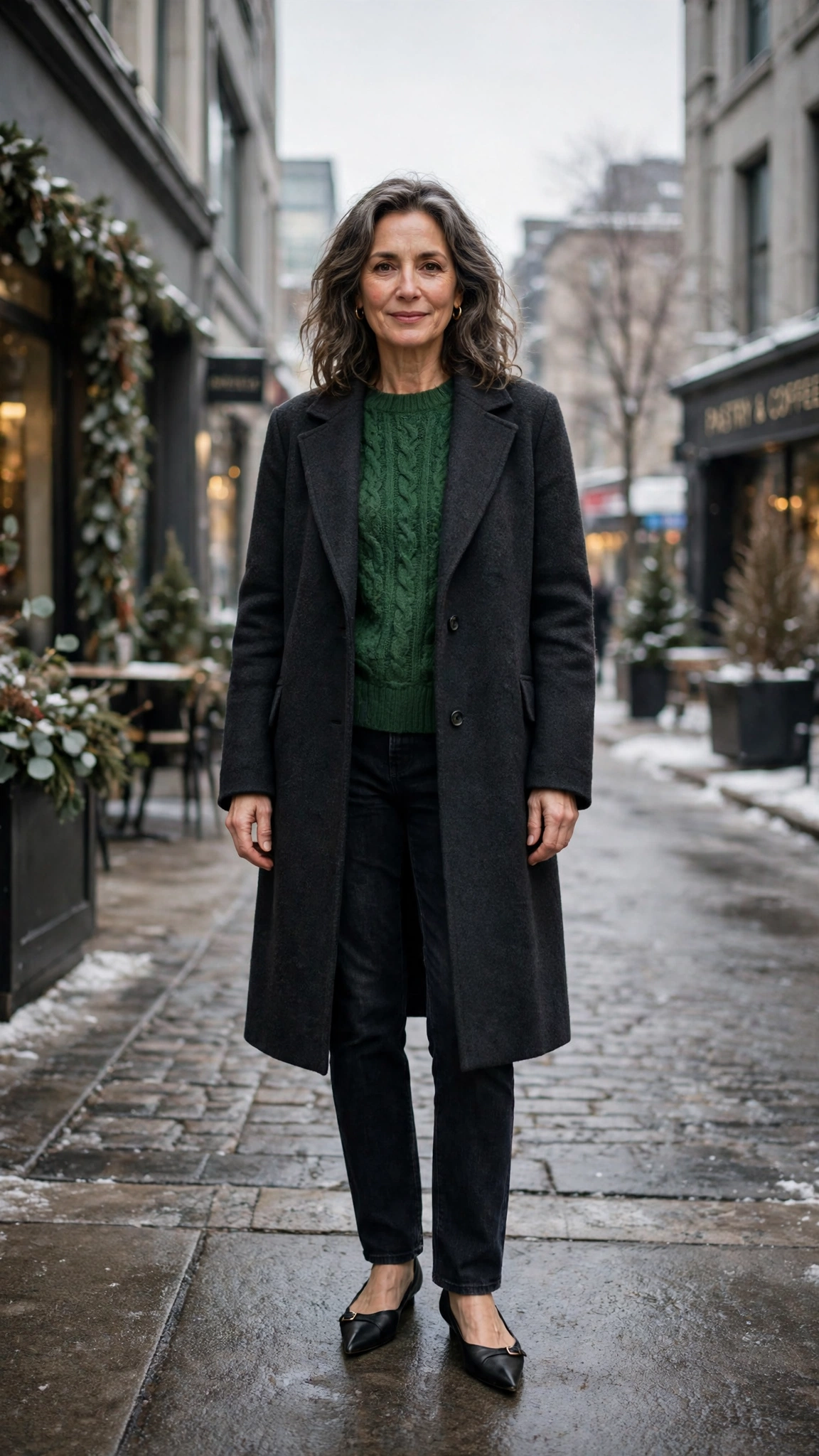 20 Women over 50 knit sweater and coat layering outfits for winter That Are Chic, Warm and Elegant 16 Forest green knit sweater with a charcoal coat, dark jeans and elegant pointed flats