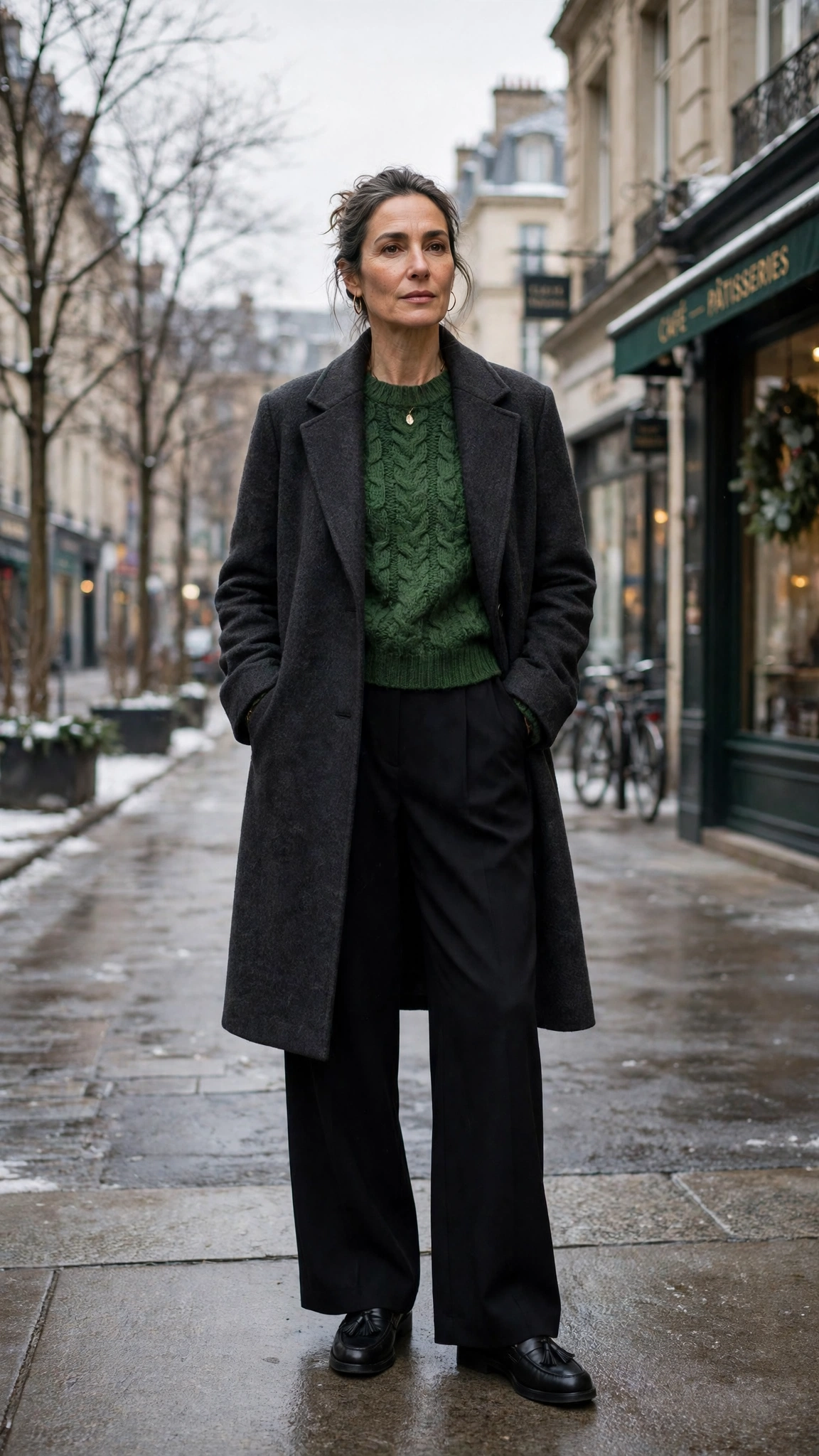 20 Women over 50 knit sweater and coat layering outfits for winter That Are Chic, Warm and Elegant 19 Forest green knit sweater with a charcoal coat, black wide-leg trousers and classic loafers