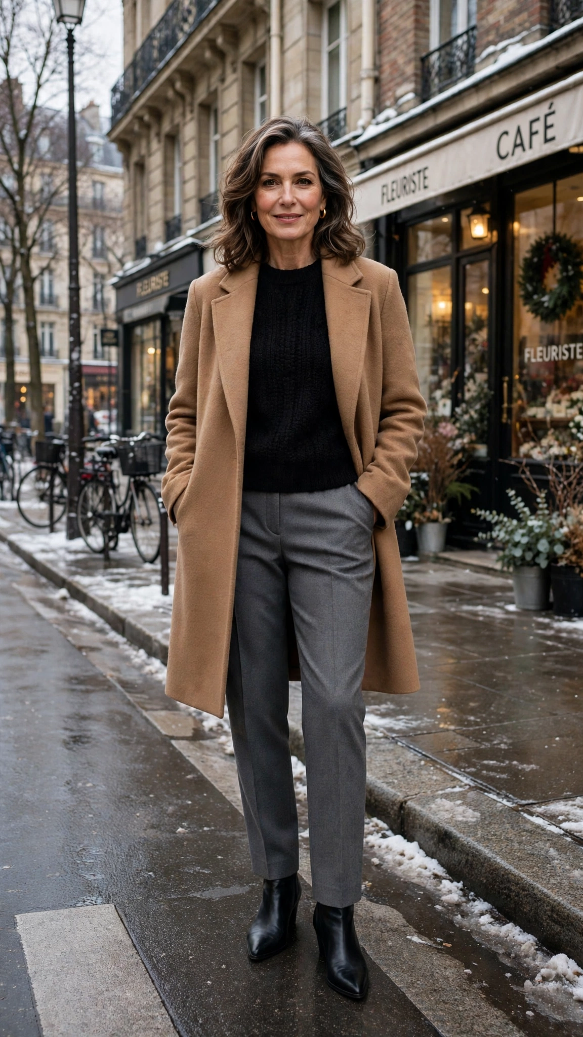 20 Women over 50 knit sweater and coat layering outfits for winter That Are Chic, Warm and Elegant 21 Black knit sweater with a camel coat, grey tailored trousers and black pointed boots