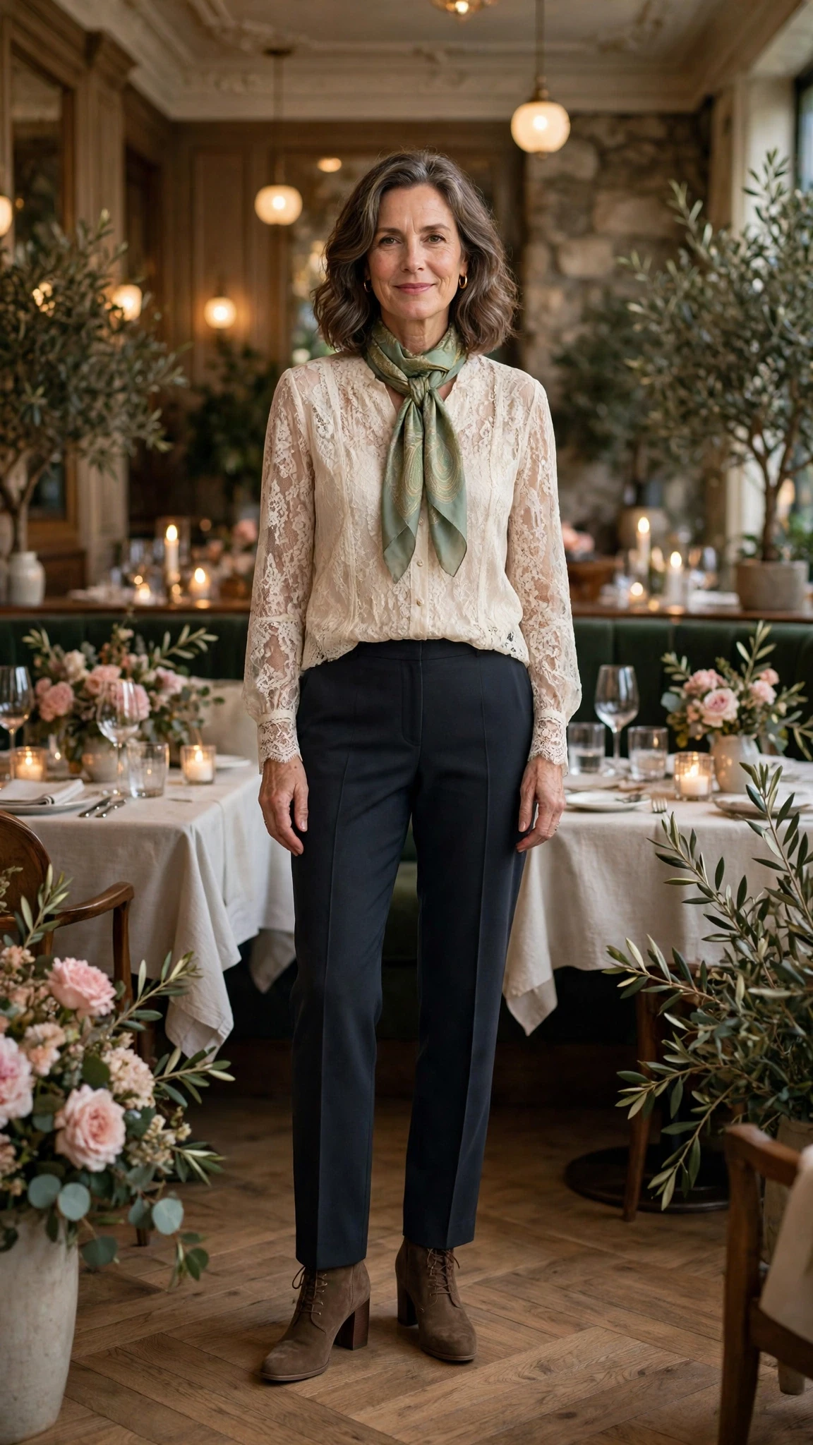 40 Women Over 50 Lace Blouse Outfits for Romantic Dinners That Are Chic, Romantic and Easy to Wear 4 Cream lace blouse and evening trouser outfit with block-heel ankle boots and a silk scarf