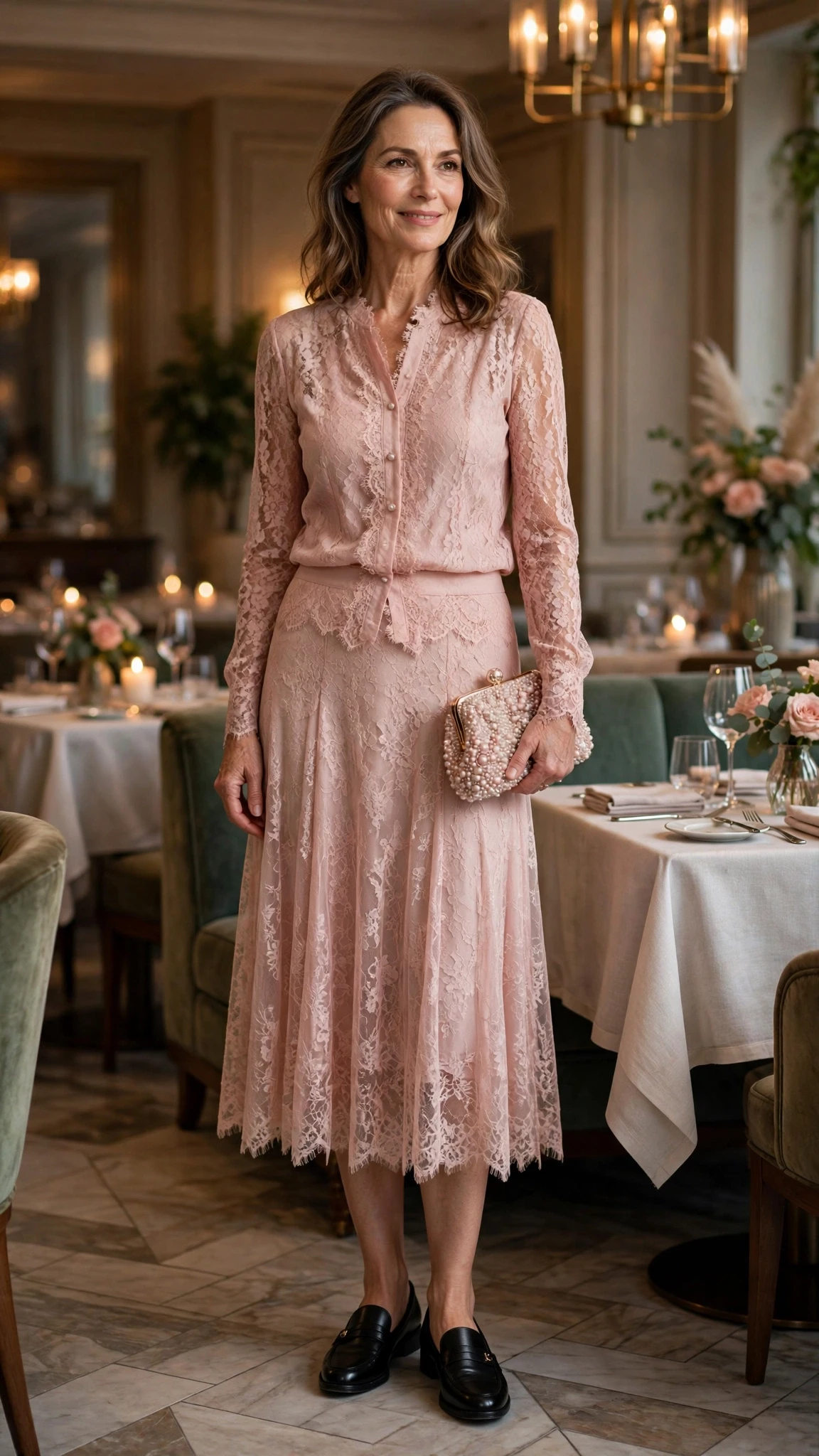 40 Women Over 50 Lace Blouse Outfits for Romantic Dinners That Are Chic, Romantic and Easy to Wear 6 Blush lace blouse and skirt outfit with smart loafers and a beaded clutch