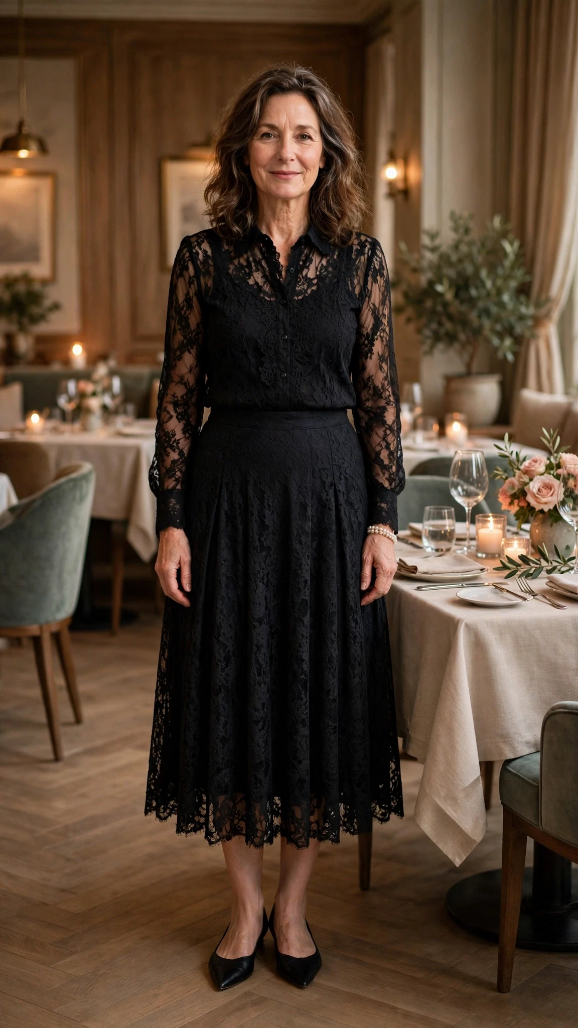 40 Women Over 50 Lace Blouse Outfits for Romantic Dinners That Are Chic, Romantic and Easy to Wear 9 Black lace blouse and midi skirt outfit with elegant pointed flats and a pearl bracelet