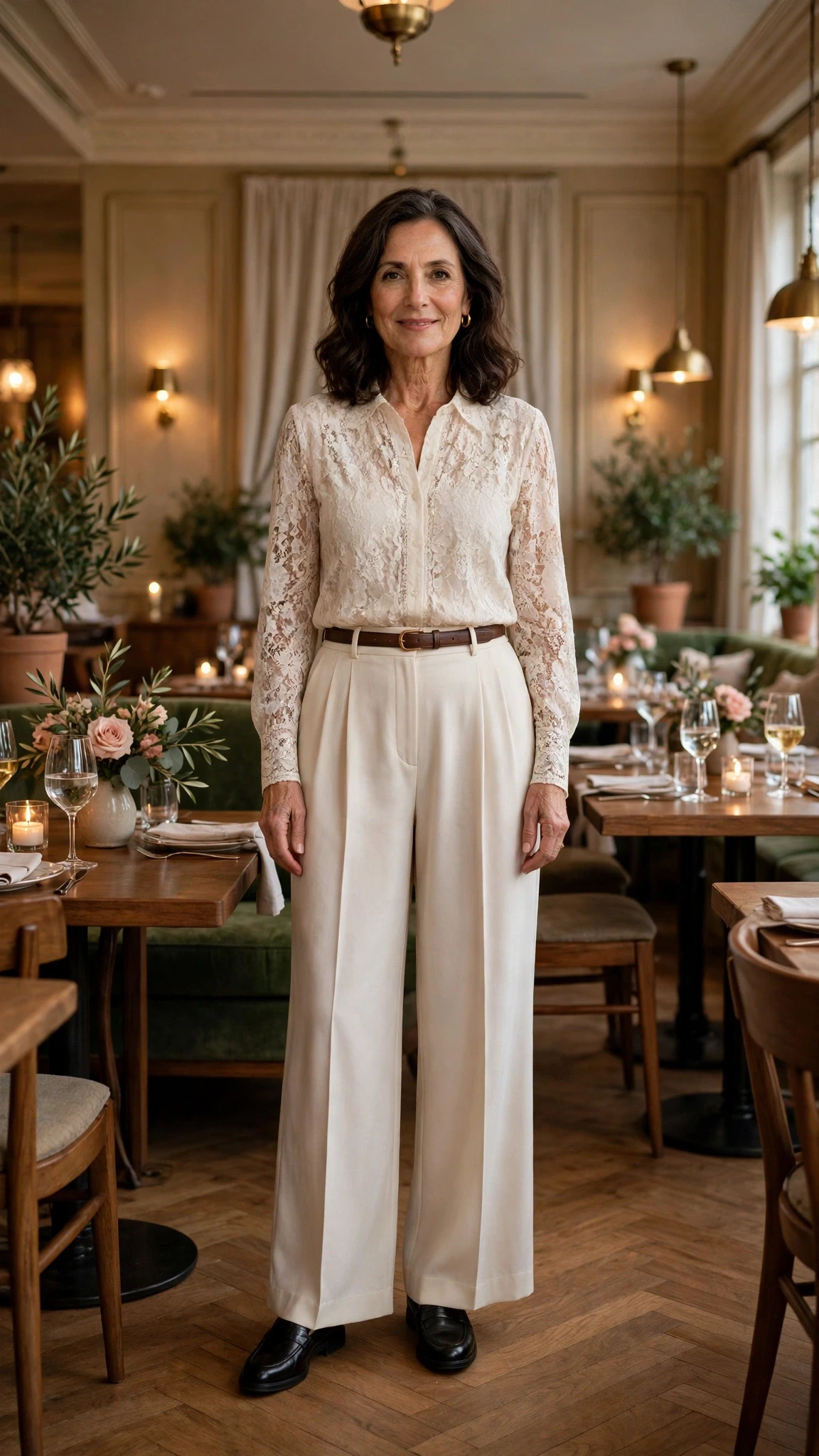 40 Women Over 50 Lace Blouse Outfits for Romantic Dinners That Are Chic, Romantic and Easy to Wear 10 Ivory lace blouse and wide-leg trouser outfit with smart loafers and a slim leather belt