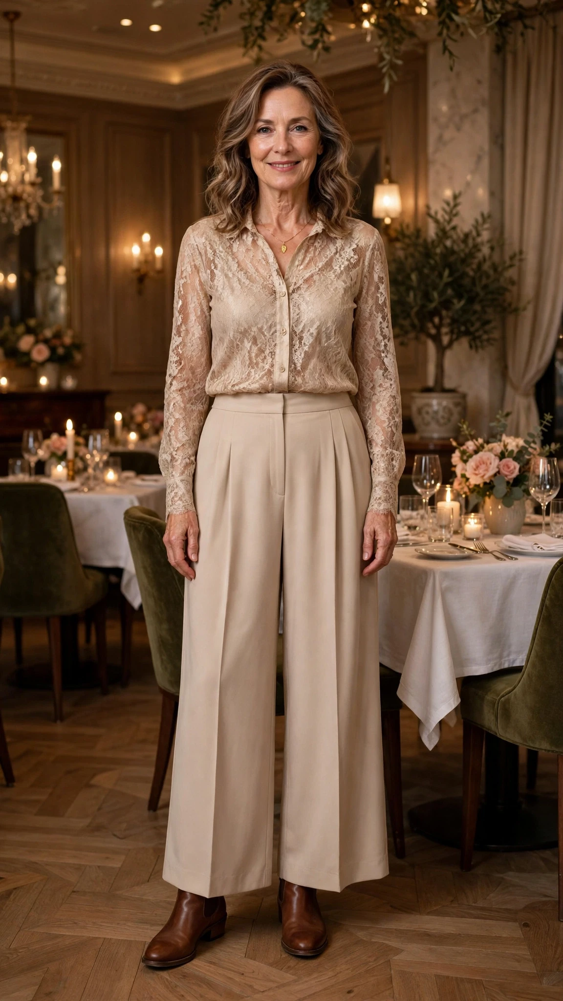 40 Women Over 50 Lace Blouse Outfits for Romantic Dinners That Are Chic, Romantic and Easy to Wear 13 Champagne lace blouse and wide-leg trouser outfit with leather ankle boots and a delicate gold necklace
