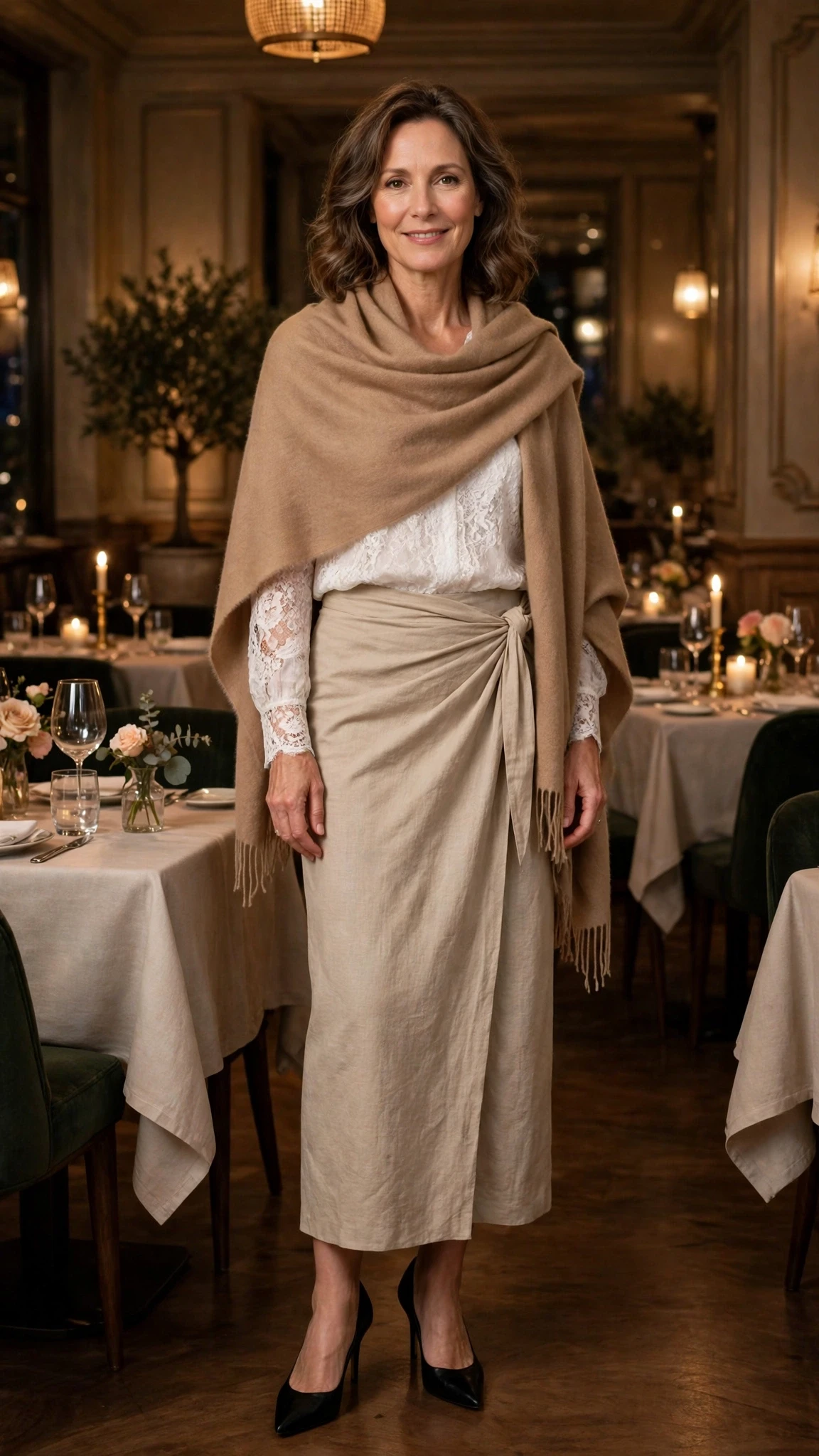 40 Women Over 50 Lace Blouse Outfits for Romantic Dinners That Are Chic, Romantic and Easy to Wear 17 White lace blouse and wrap skirt outfit with black pointed heels and a cashmere wrap