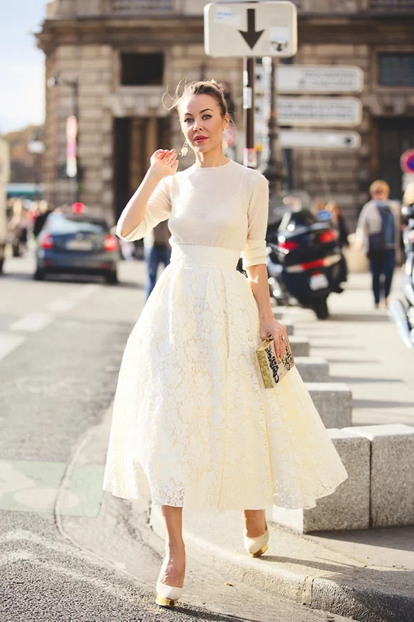 40 Women Over 50 Lace Blouse Outfits for Romantic Dinners That Are Chic, Romantic and Easy to Wear 18 Ivory lace blouse and skirt outfit with elegant pointed flats and statement earrings
