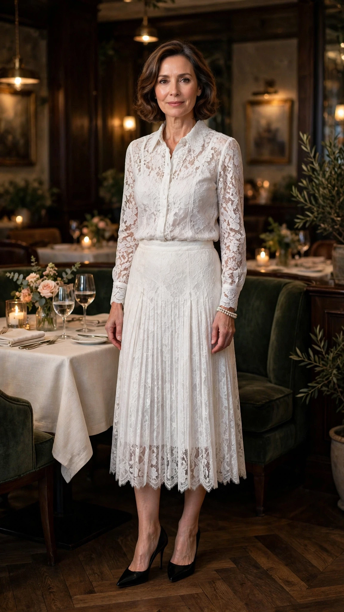 40 Women Over 50 Lace Blouse Outfits for Romantic Dinners That Are Chic, Romantic and Easy to Wear 19 White lace blouse and midi skirt outfit with black pointed heels and a pearl bracelet