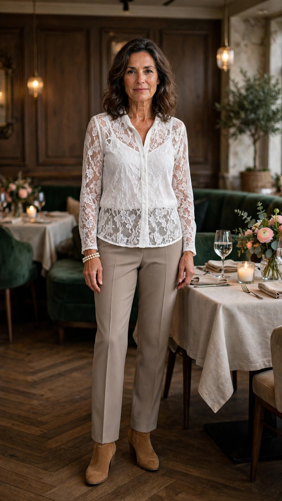 40 Women Over 50 Lace Blouse Outfits for Romantic Dinners That Are Chic, Romantic and Easy to Wear 20 White lace blouse and straight trouser outfit with suede ankle boots and a pearl bracelet