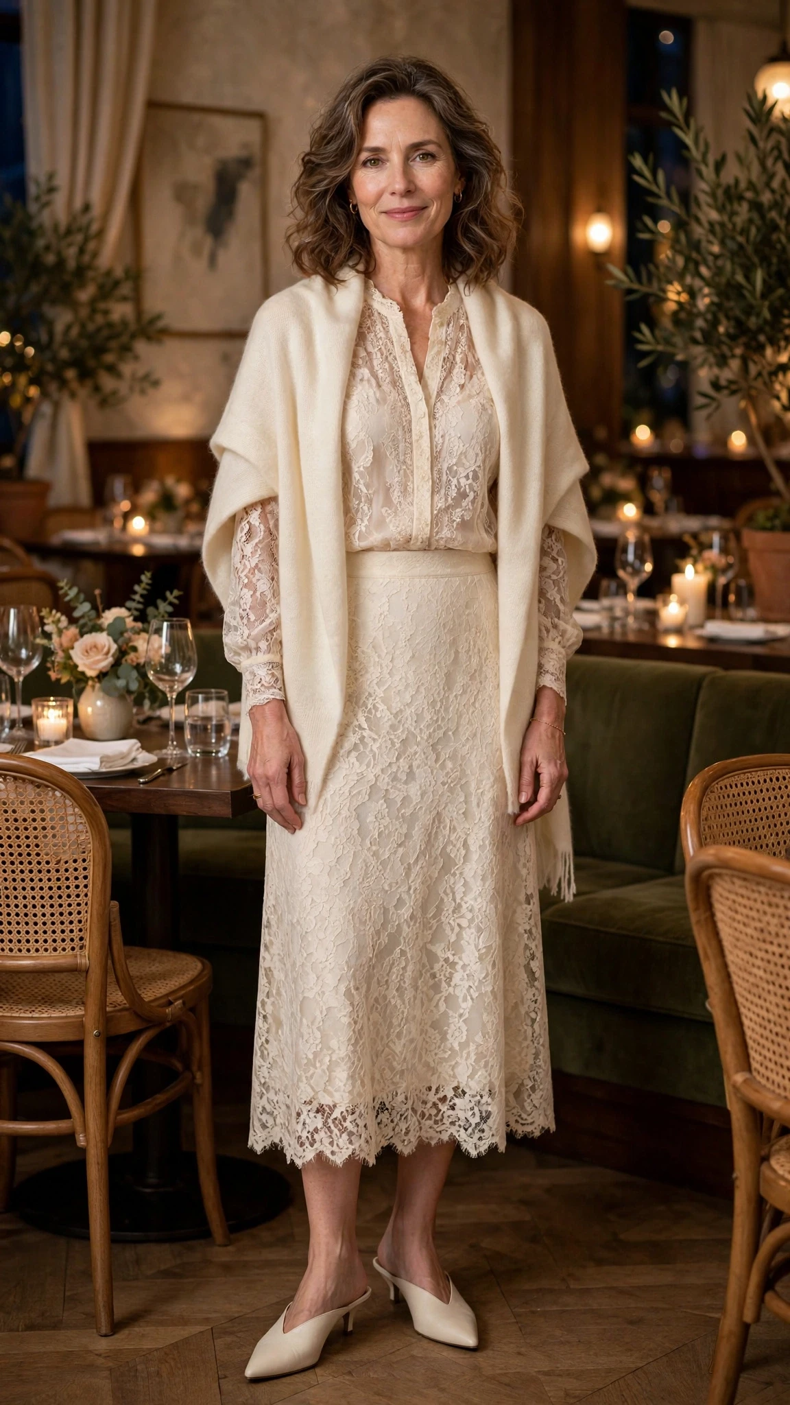 40 Women Over 50 Lace Blouse Outfits for Romantic Dinners That Are Chic, Romantic and Easy to Wear 21 Cream lace blouse and midi skirt outfit with pointed mules and a cashmere wrap