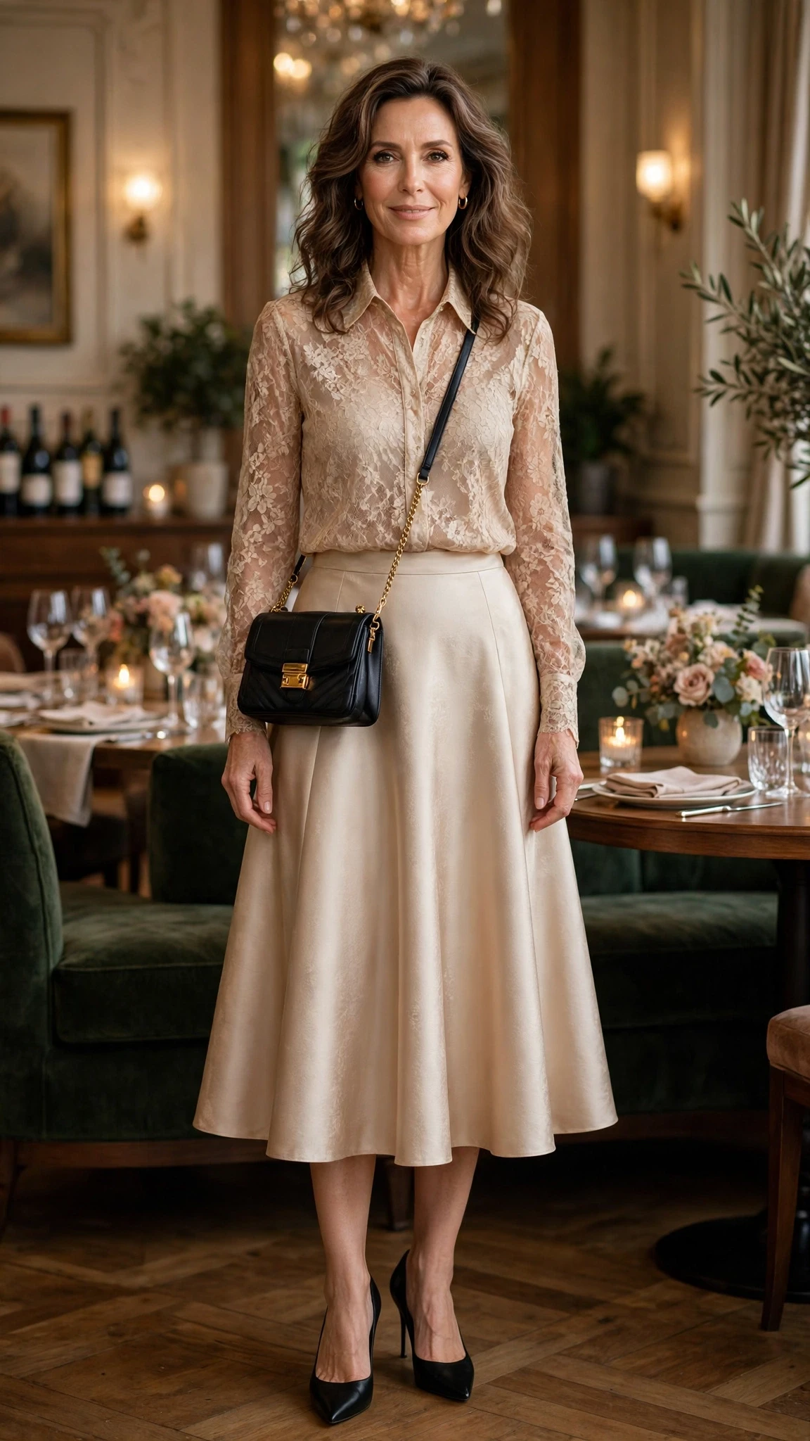 40 Women Over 50 Lace Blouse Outfits for Romantic Dinners That Are Chic, Romantic and Easy to Wear 24 Champagne lace blouse and A-line skirt outfit with black pointed heels and a chic crossbody bag