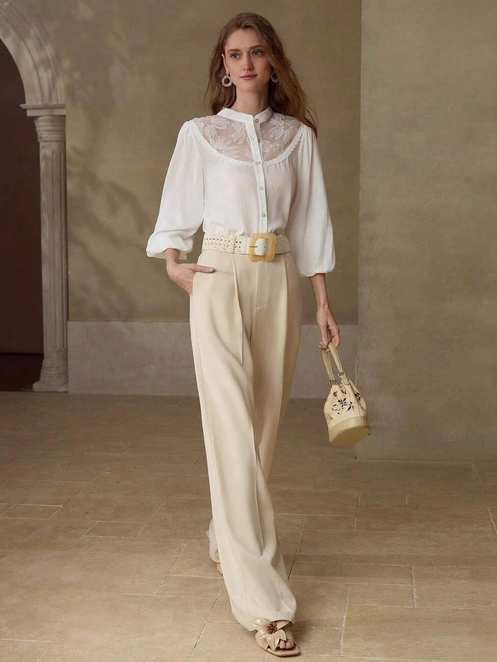 40 Women Over 50 Lace Blouse Outfits for Romantic Dinners That Are Chic, Romantic and Easy to Wear 25 Cream lace blouse and trouser outfit with elegant pointed flats and a slim leather belt