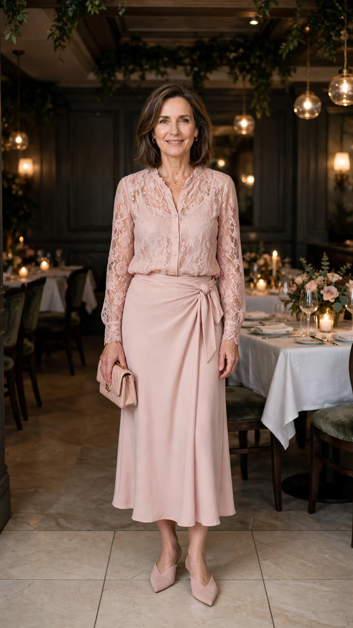 40 Women Over 50 Lace Blouse Outfits for Romantic Dinners That Are Chic, Romantic and Easy to Wear 26 Blush lace blouse and wrap skirt outfit with pointed mules and a small structured clutch