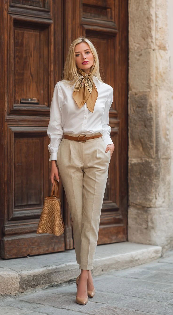 40 Women Over 50 Lace Blouse Outfits for Romantic Dinners That Are Chic, Romantic and Easy to Wear 27 Cream lace blouse and tailored trouser outfit with elegant pointed flats and a silk scarf