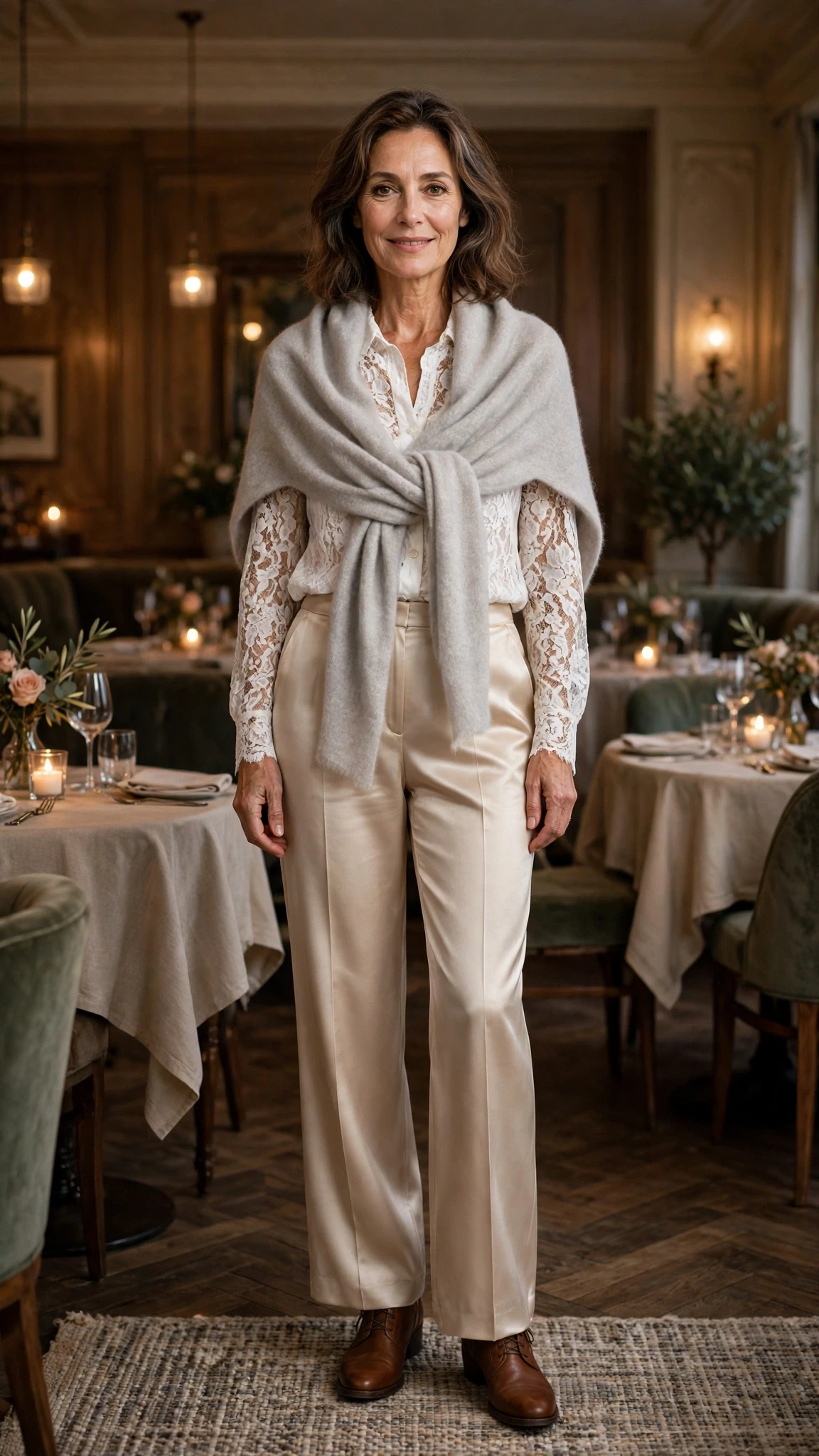 40 Women Over 50 Lace Blouse Outfits for Romantic Dinners That Are Chic, Romantic and Easy to Wear 28 White lace blouse and satin trouser outfit with leather ankle boots and a cashmere wrap