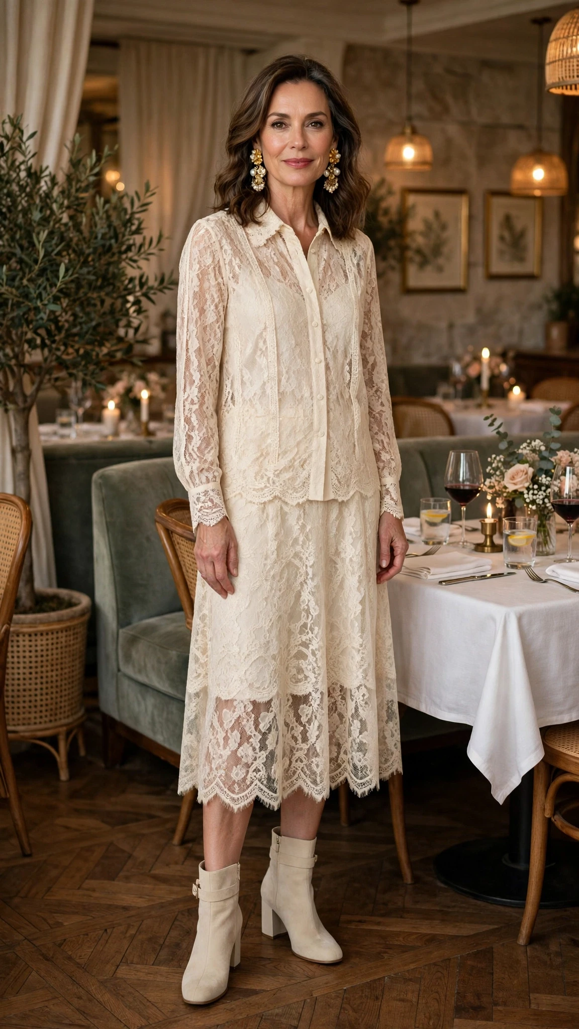 40 Women Over 50 Lace Blouse Outfits for Romantic Dinners That Are Chic, Romantic and Easy to Wear 29 Cream lace blouse and skirt outfit with block-heel ankle boots and statement earrings