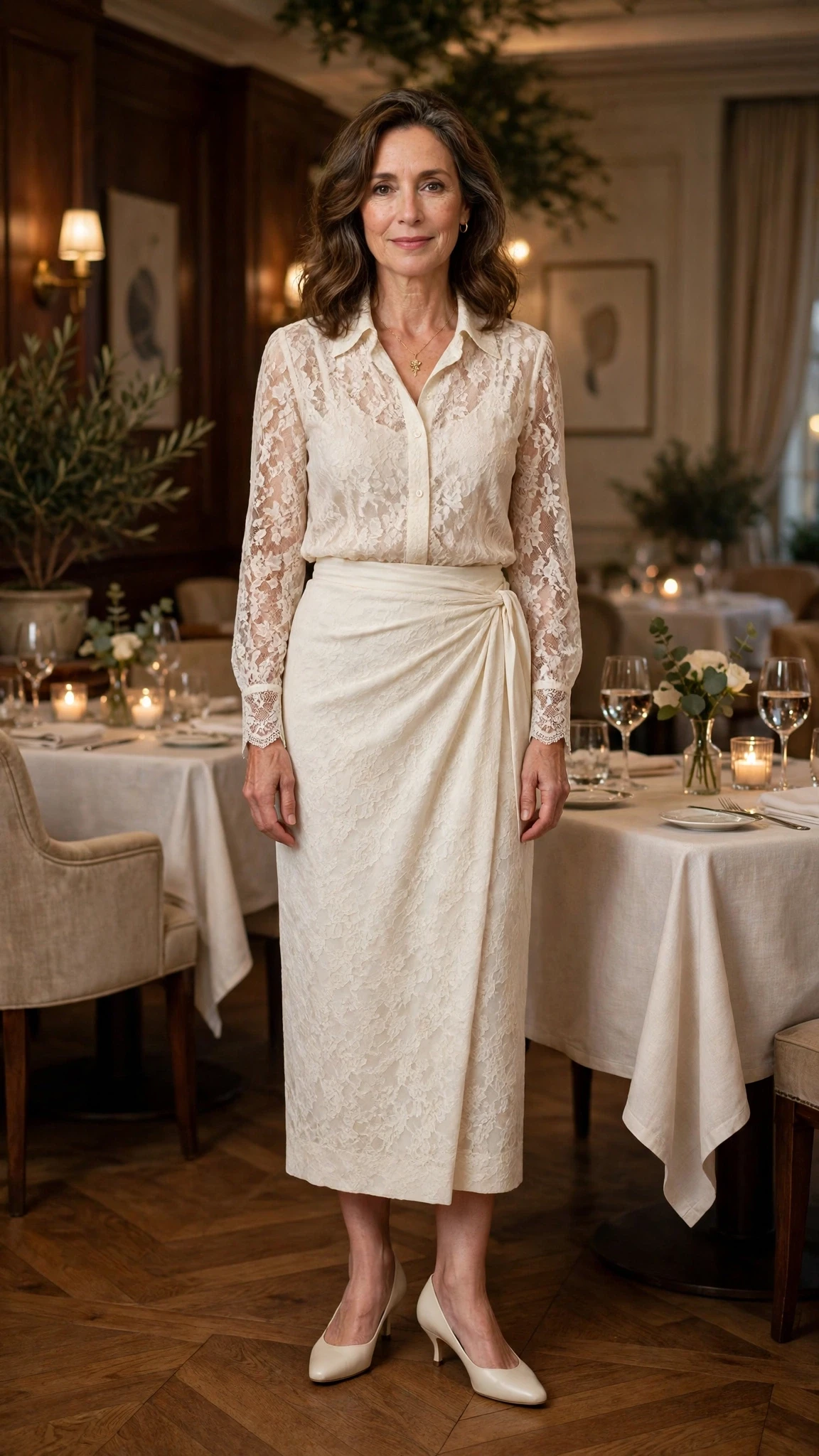 40 Women Over 50 Lace Blouse Outfits for Romantic Dinners That Are Chic, Romantic and Easy to Wear 31 Ivory lace blouse and wrap skirt outfit with kitten heels and a delicate gold necklace