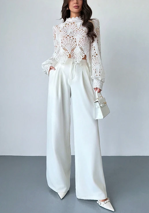 40 Women Over 50 Lace Blouse Outfits for Romantic Dinners That Are Chic, Romantic and Easy to Wear 36 Ivory lace blouse and wide-leg trouser outfit with kitten heels and a cashmere wrap
