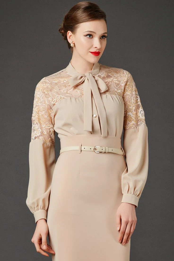 40 Women Over 50 Lace Blouse Outfits for Romantic Dinners That Are Chic, Romantic and Easy to Wear 38 Champagne lace blouse and skirt outfit with kitten heels and a silk scarf