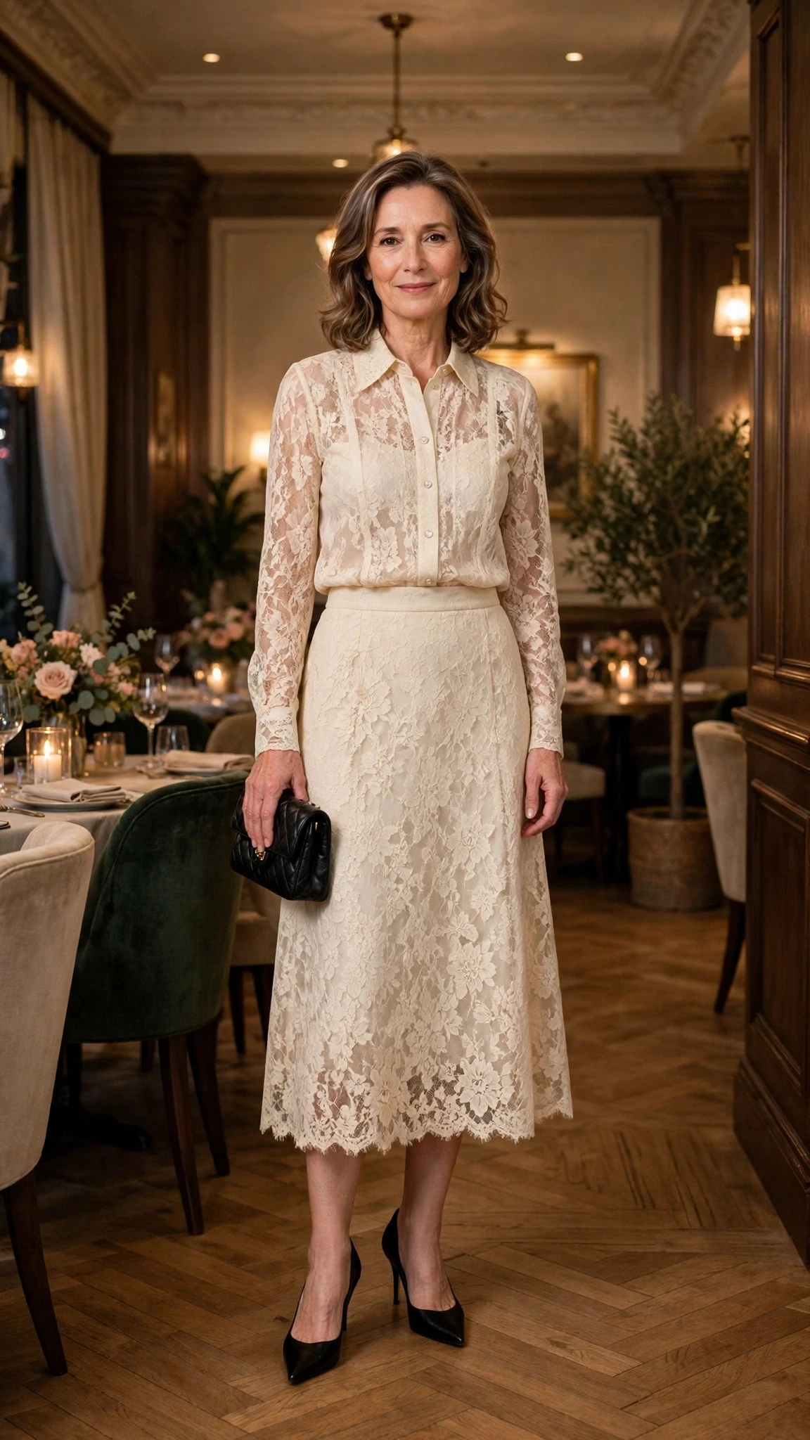 40 Women Over 50 Lace Blouse Outfits for Romantic Dinners That Are Chic, Romantic and Easy to Wear 40 Cream lace blouse and skirt outfit with black pointed heels and a small structured clutch
