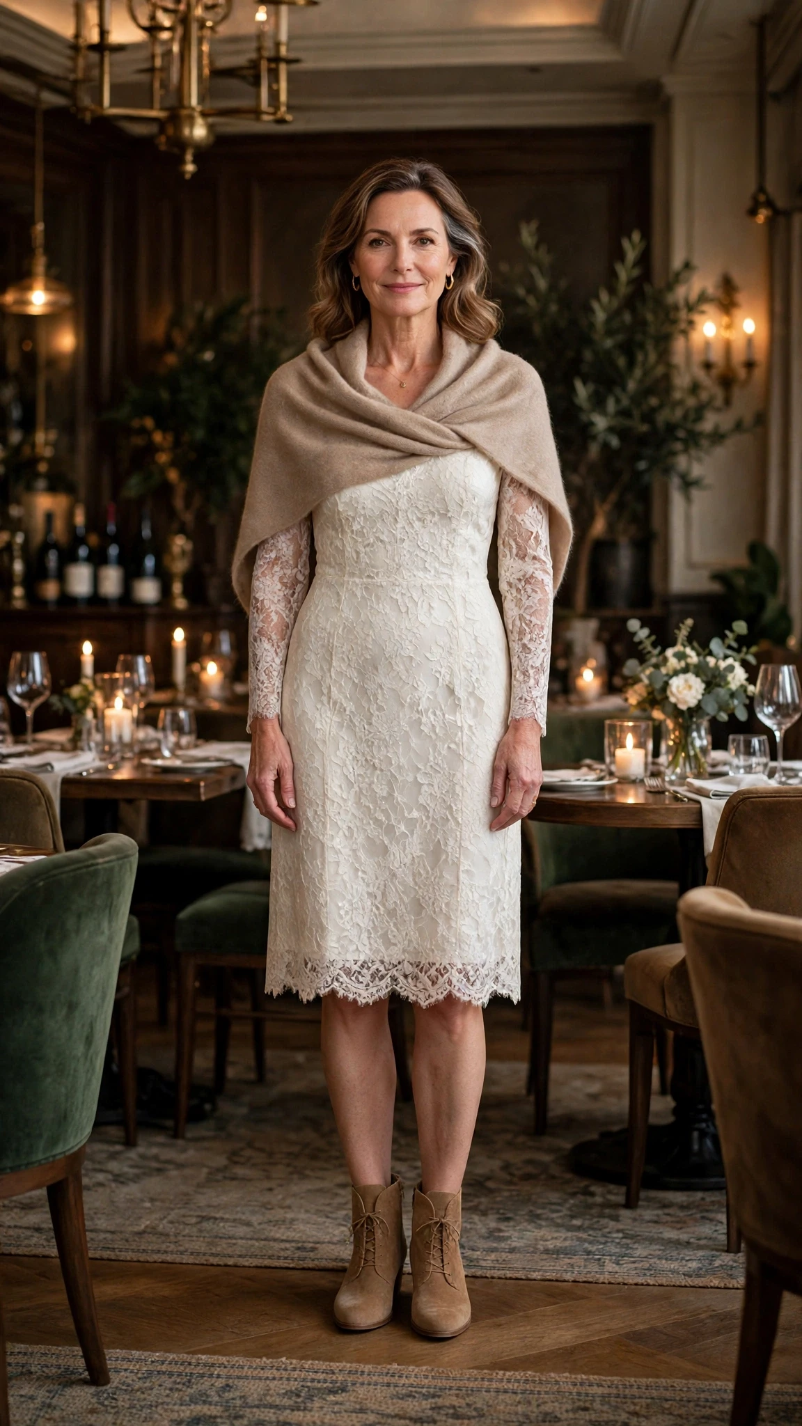 Ivory lace knee-length dress with suede ankle boots and a cashmere wrap