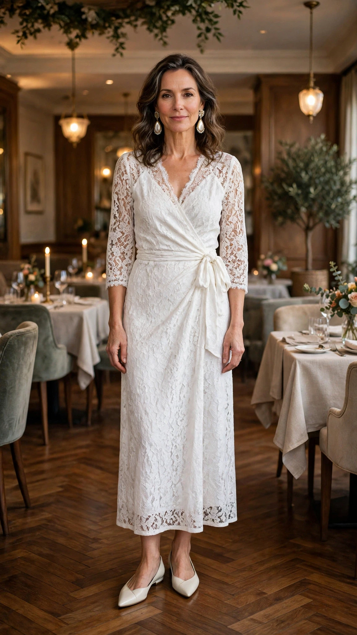 White lace wrap dress with elegant pointed flats and statement earrings
