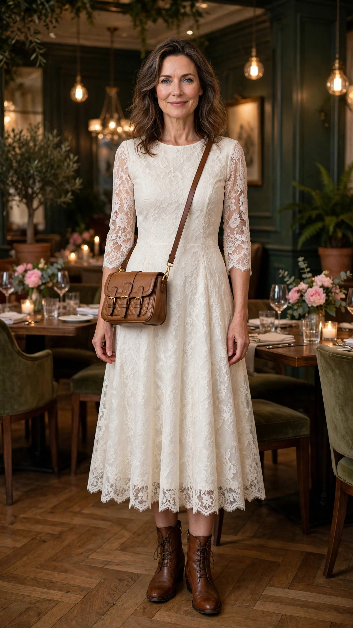 Ivory lace A-line dress with leather ankle boots and a chic crossbody bag