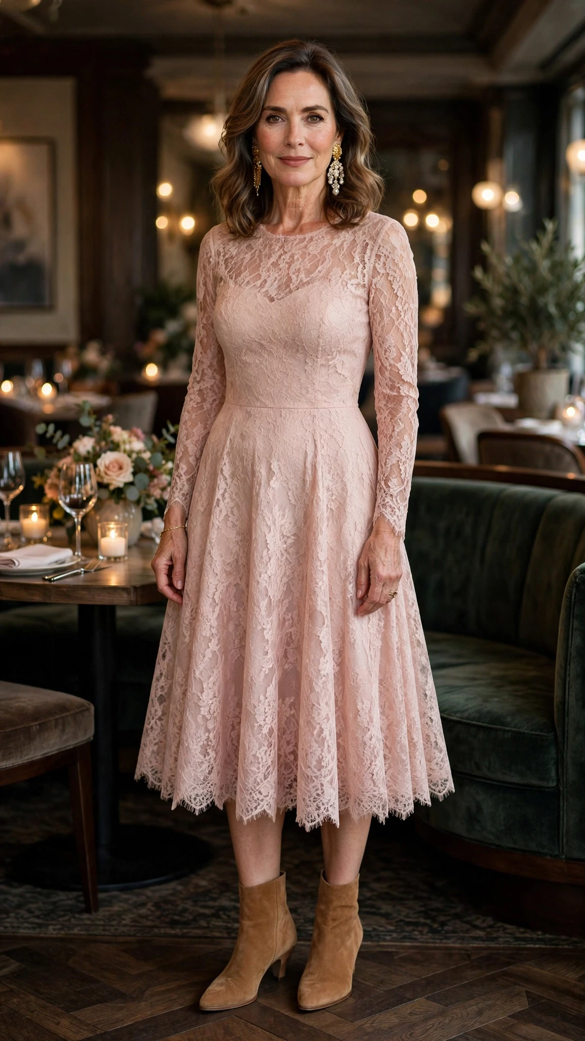 Blush lace fit-and-flare dress with suede ankle boots and statement earrings