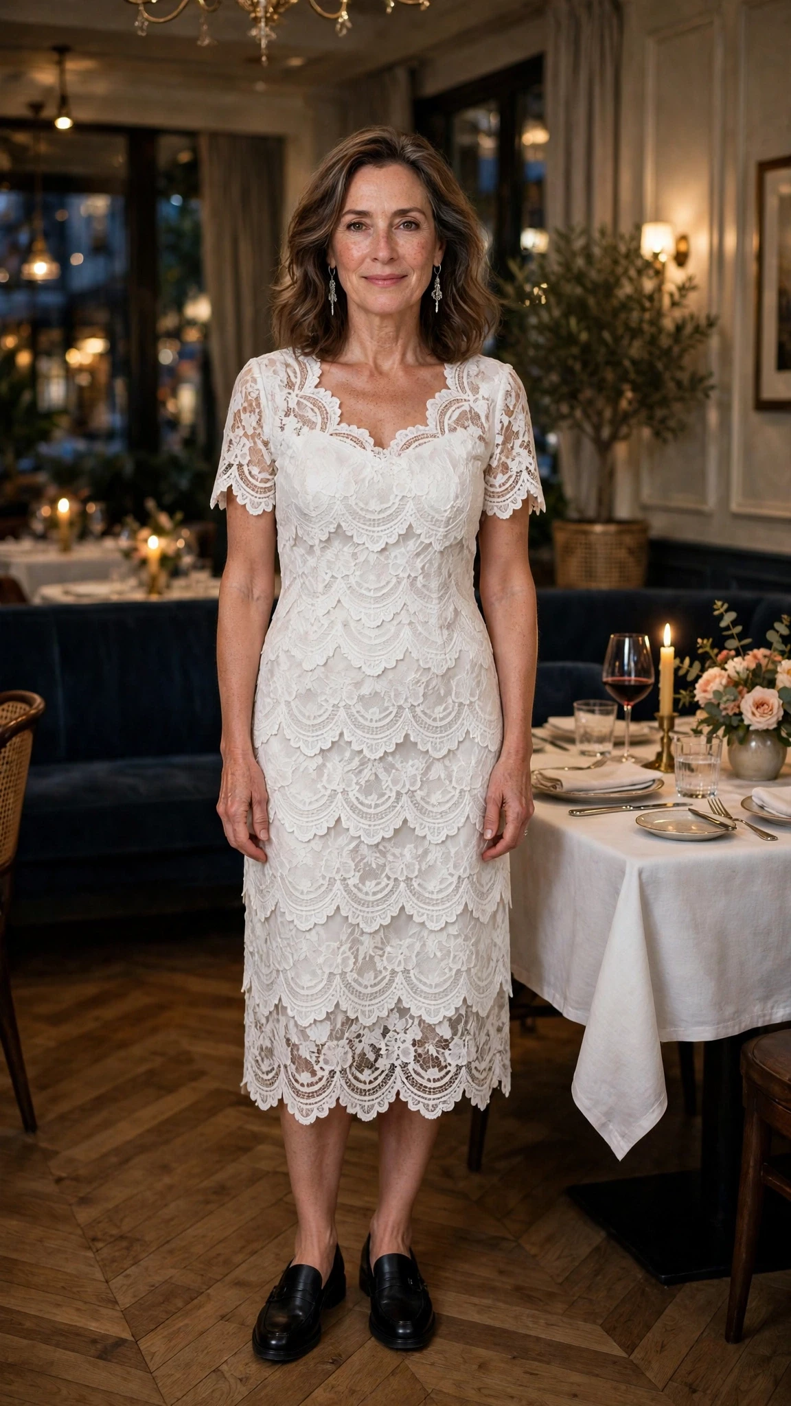 White lace scalloped dress with smart loafers and silver drop earrings