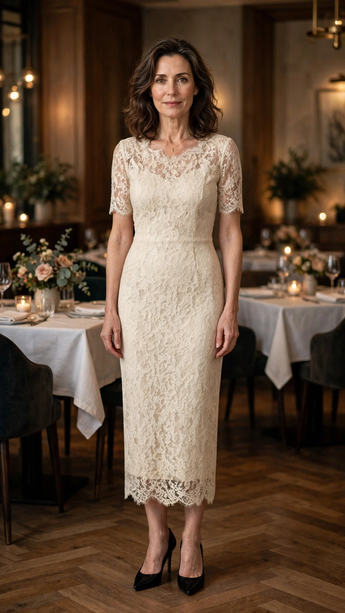 Cream lace sheath dress with black pointed heels and a delicate gold necklace
