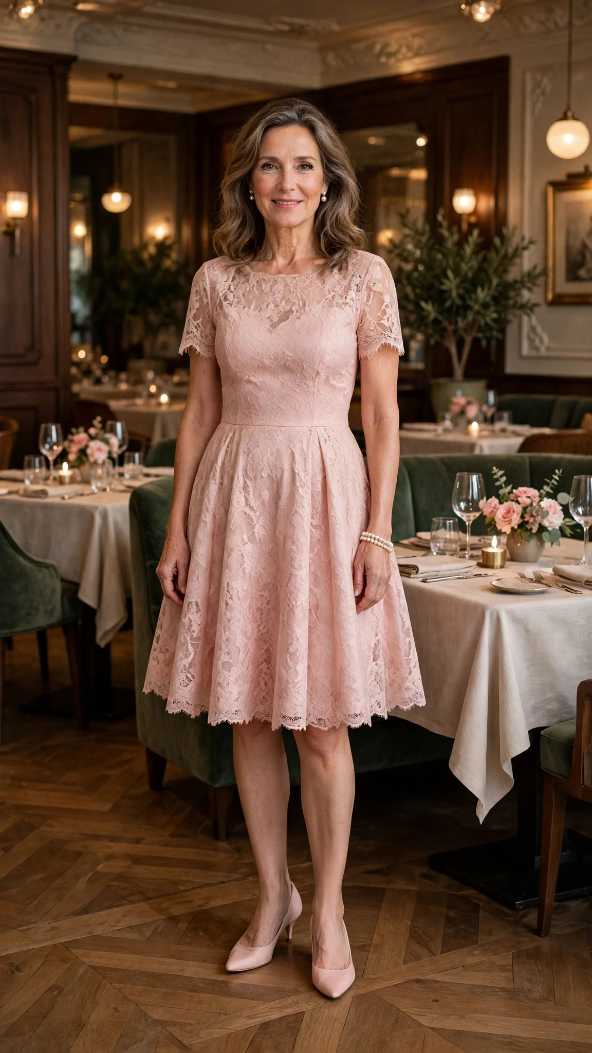 Blush lace fit-and-flare dress with kitten heels and a pearl bracelet