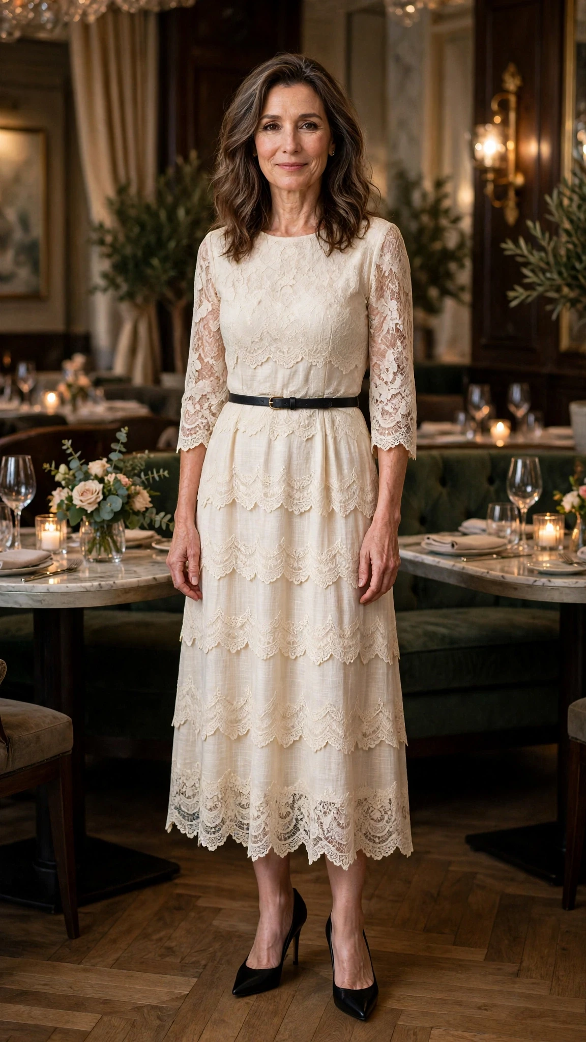 Cream lace scalloped dress with black pointed heels and a slim leather belt