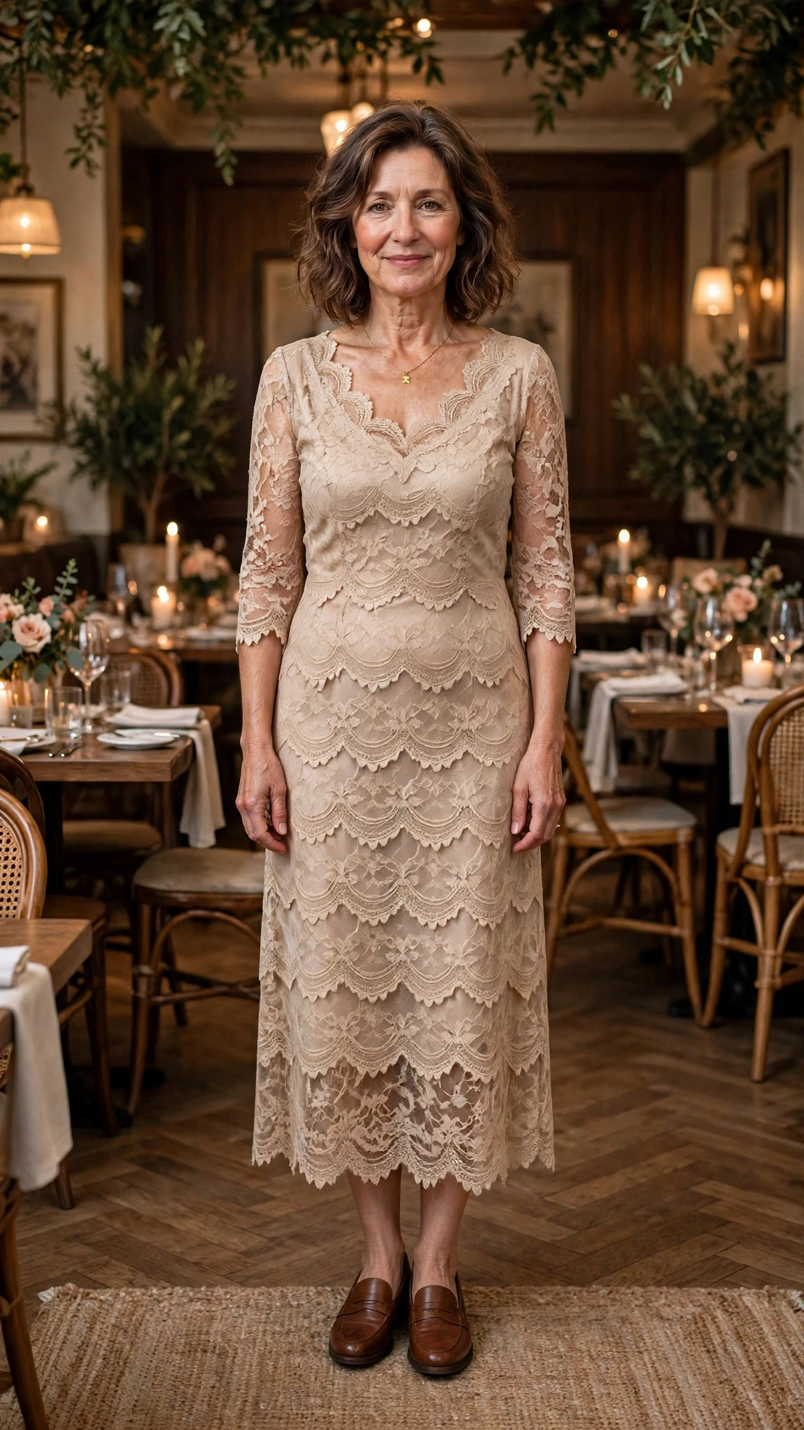 Champagne lace scalloped dress with smart loafers and a delicate gold necklace