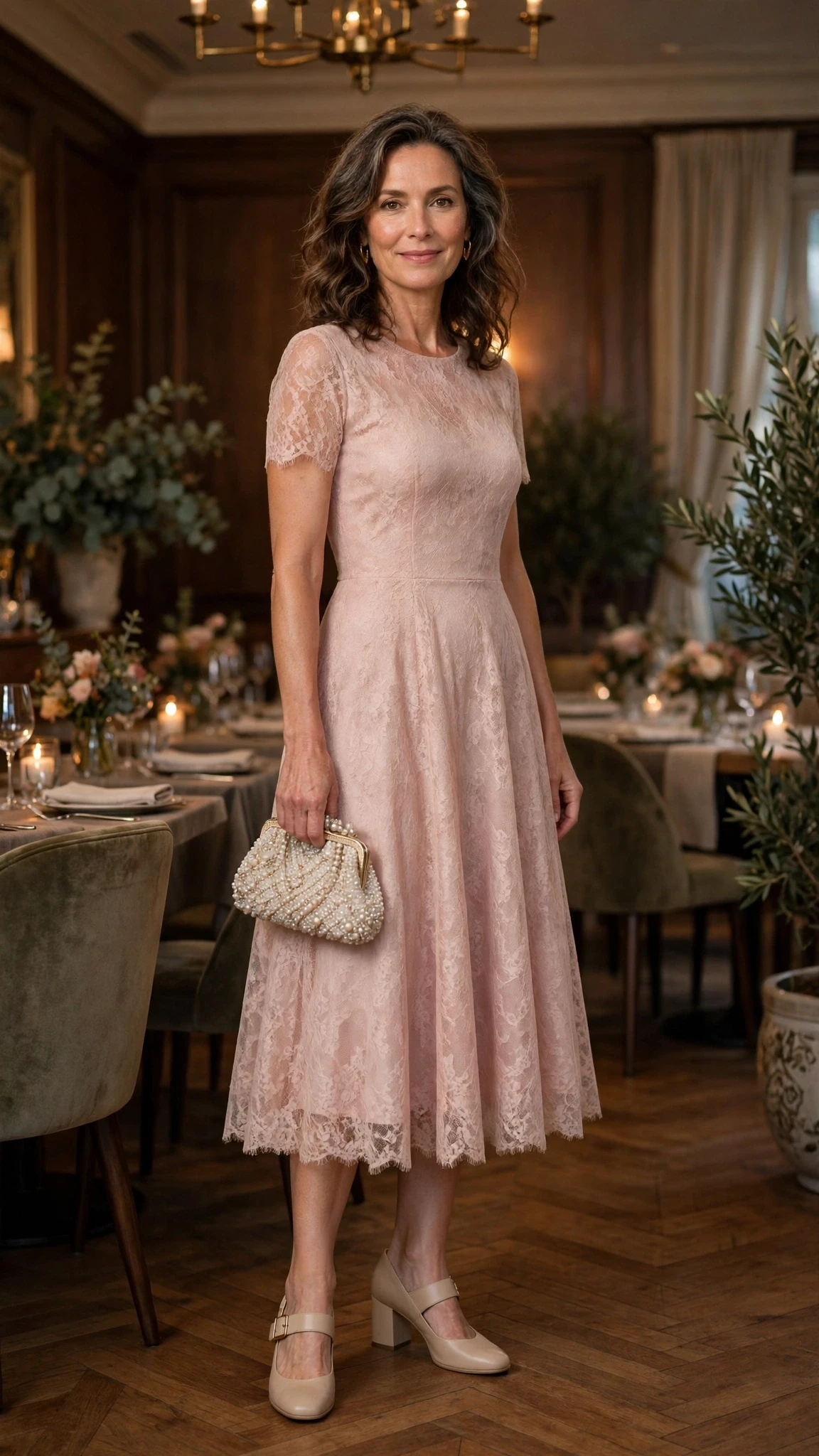 Soft lace fit-and-flare dress with comfortable block heels and a beaded clutch