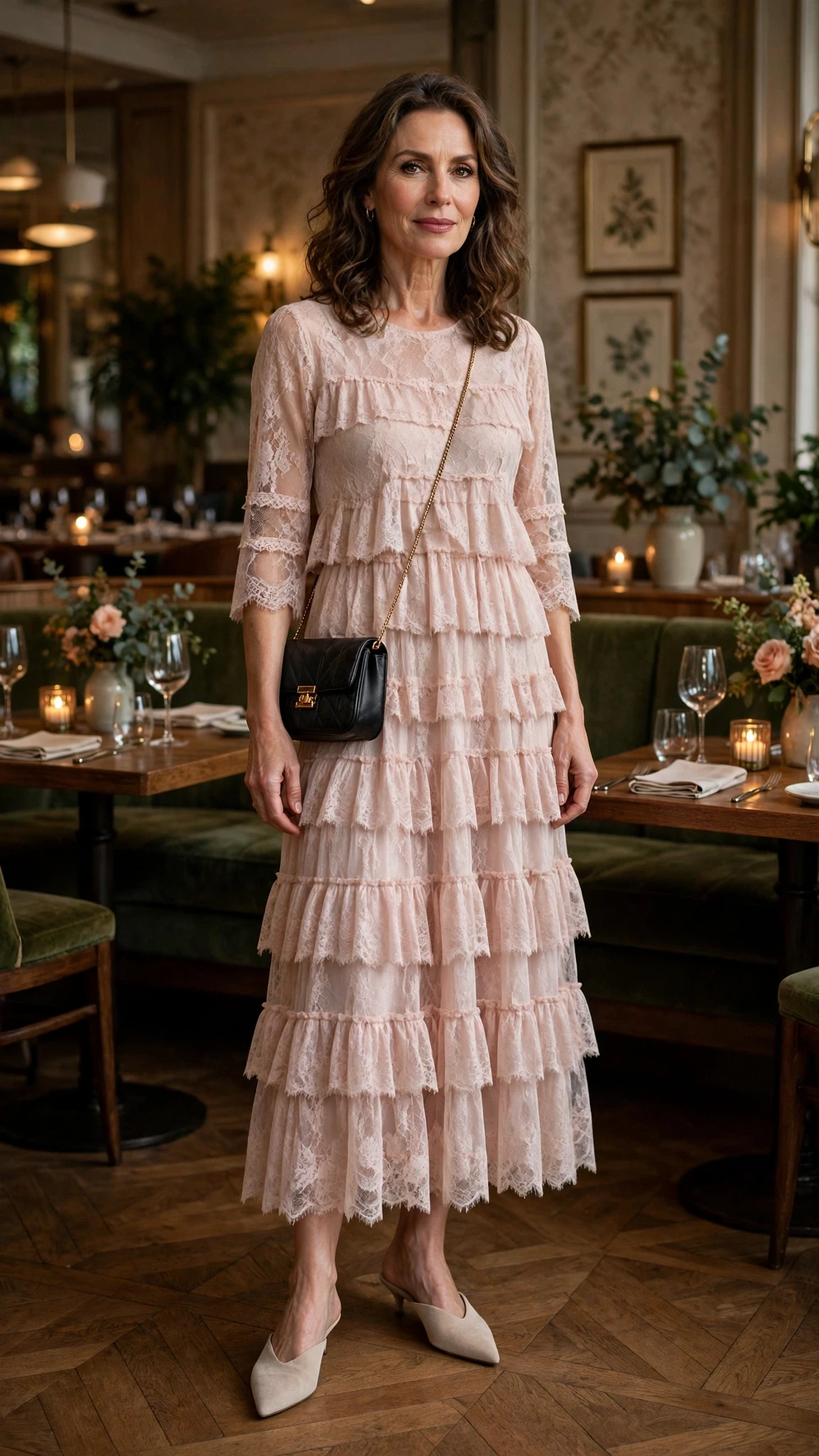 Soft lace tiered dress with pointed mules and a chic crossbody bag